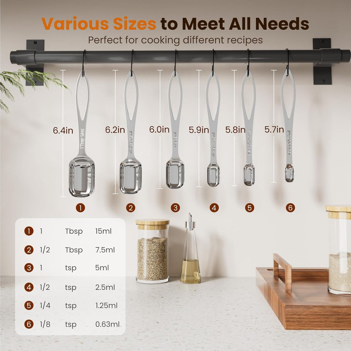 6PCS Narrow Measuring Spoons Set, Stainless Steel Measuring Spoon Fits in Spice Jars, Metal