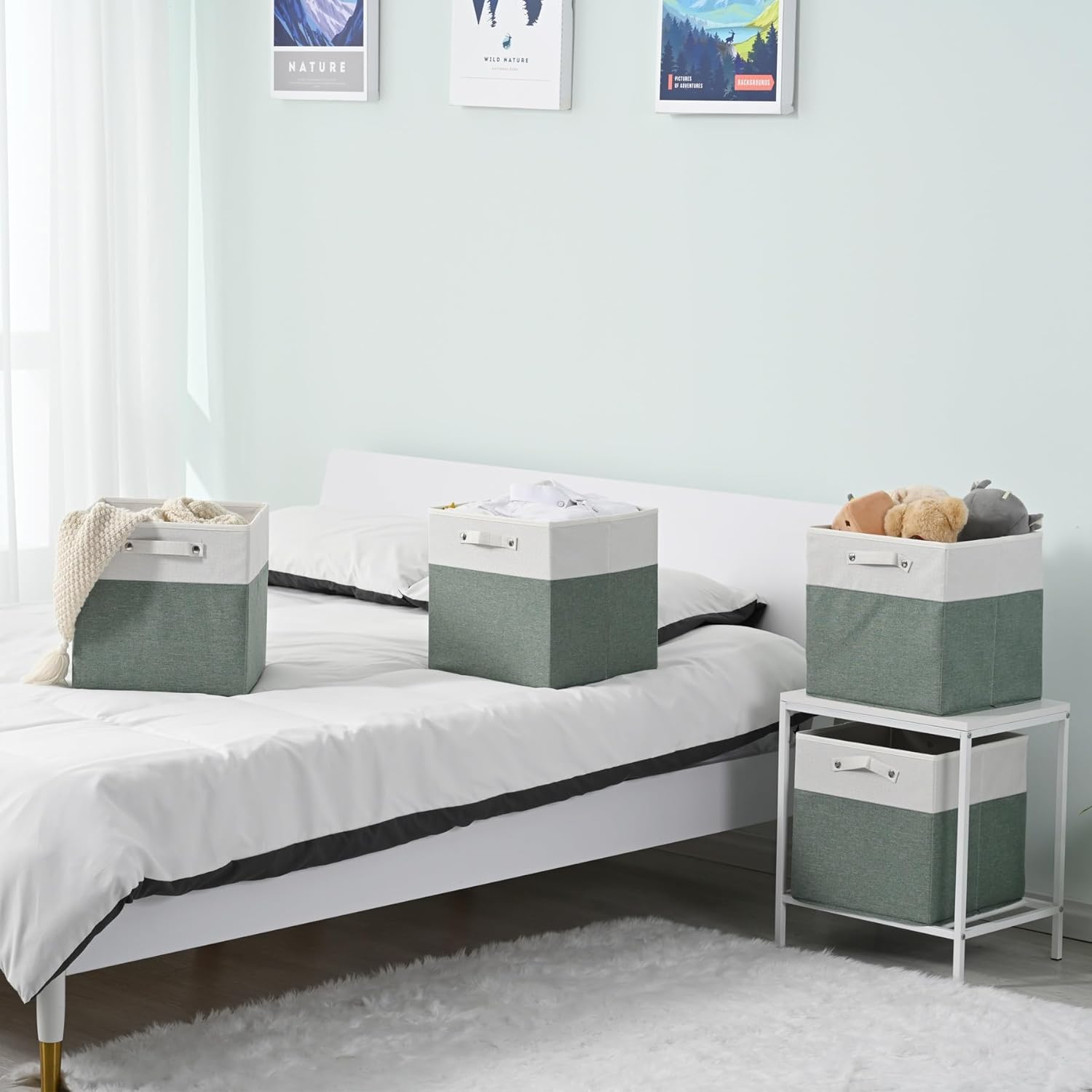 13 x 13 Inch Fine Linen Storage Bins with Handles，Fabric Cube Boxs，Collapsible Basket Organizers