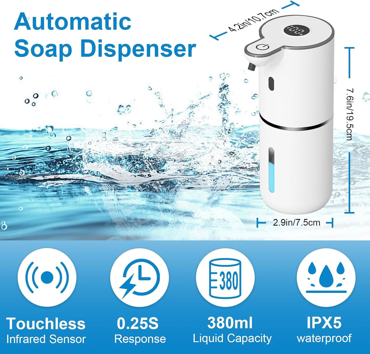 Automatic Liquid Soap Dispenser Touchless, USB Rechargeable Smart Hand Soap Dispenser, 6-Level