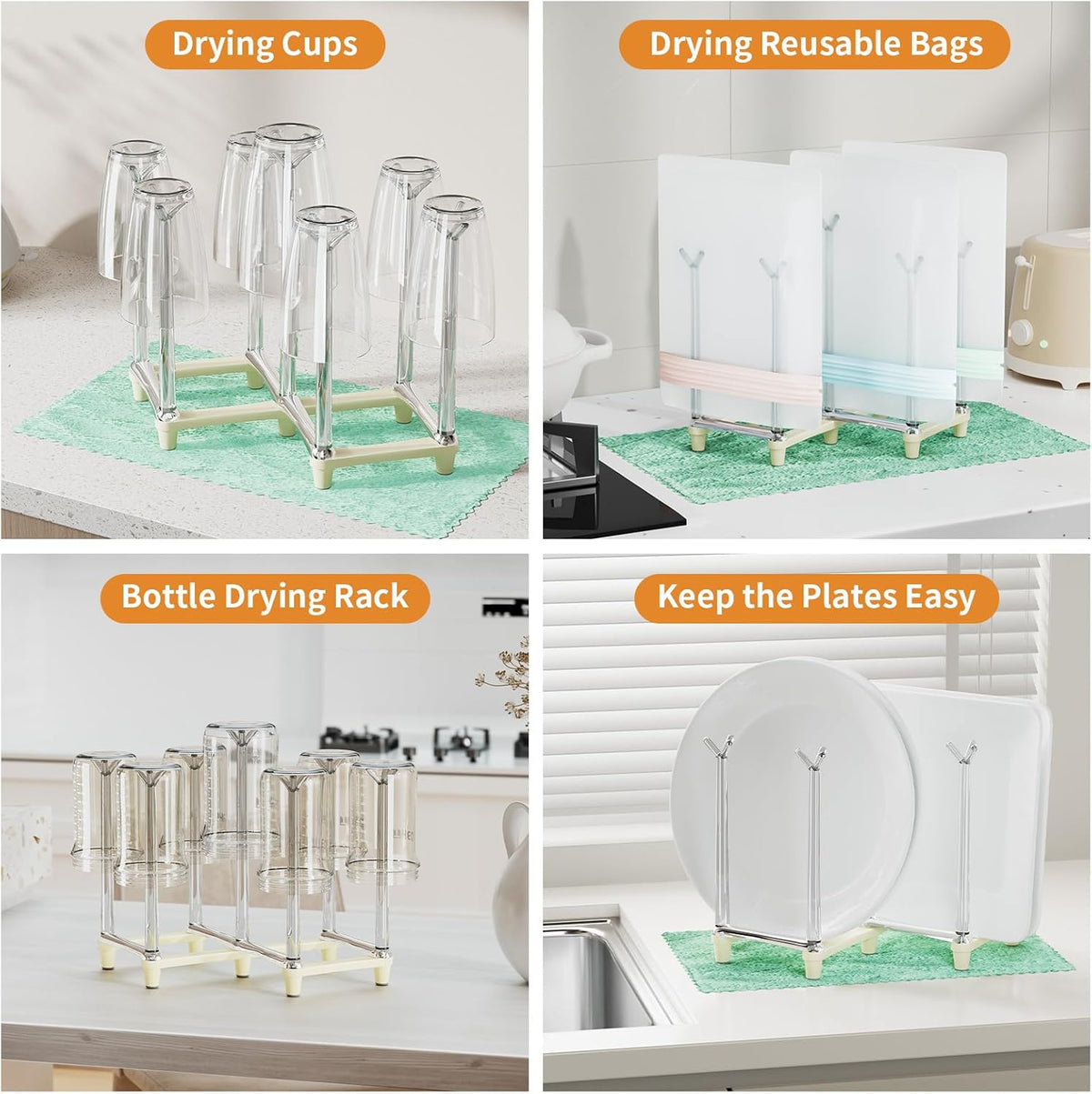 Marbrasse Retractable Cup Drying Rack, Drinking Glass and Sports Bottle Drainer Stand, Plastic Bag