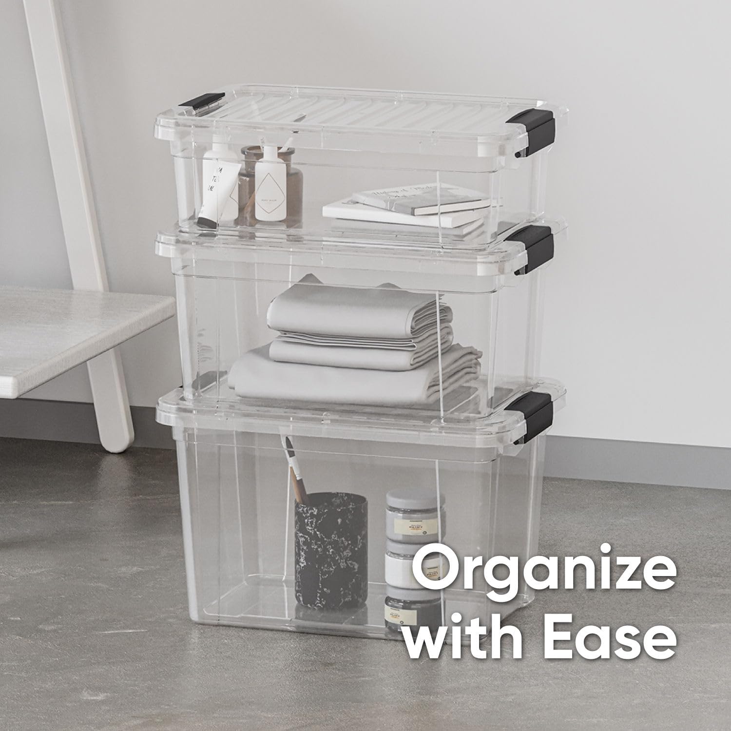 Superio Storage Bins with Lids- 4 Pack, 7.4 Qt Clear Boxes for Organizing, Stackable Plastic