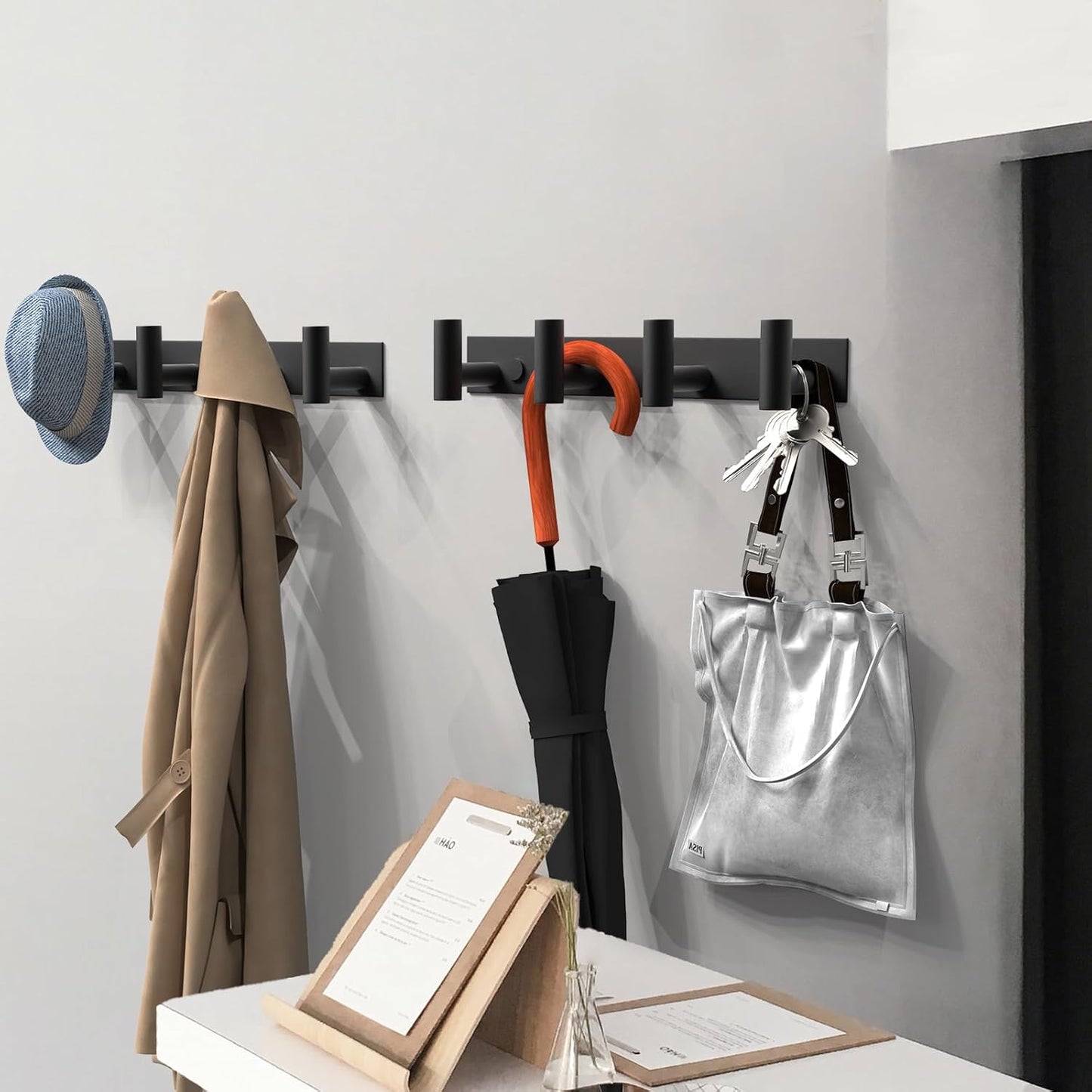 VAEHOLD 2PACK Hat and Coat Wall Mount Rack - 4 Hooks for Robes, Bags, Keys, and Towels - Bathroom