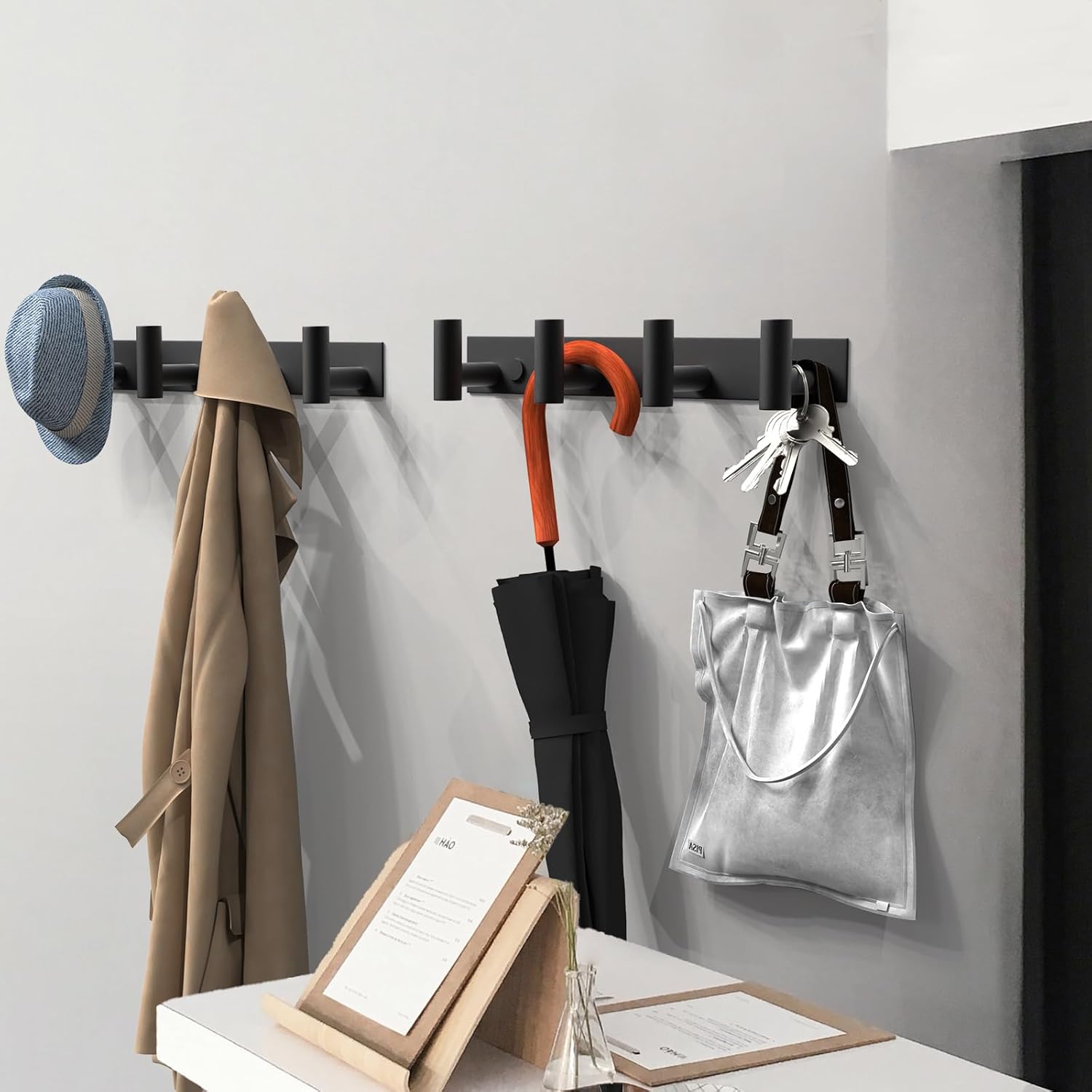 VAEHOLD 2PACK Hat and Coat Wall Mount Rack - 4 Hooks for Robes, Bags, Keys, and Towels - Bathroom