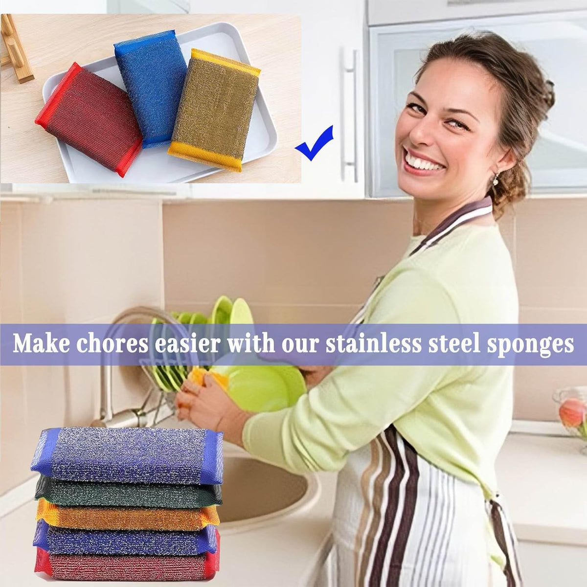 Steel Wool Scrubber Kitchen Sponges - Kitchen Dish Sponges Scrubbers, Non-Scratch Microfiber
