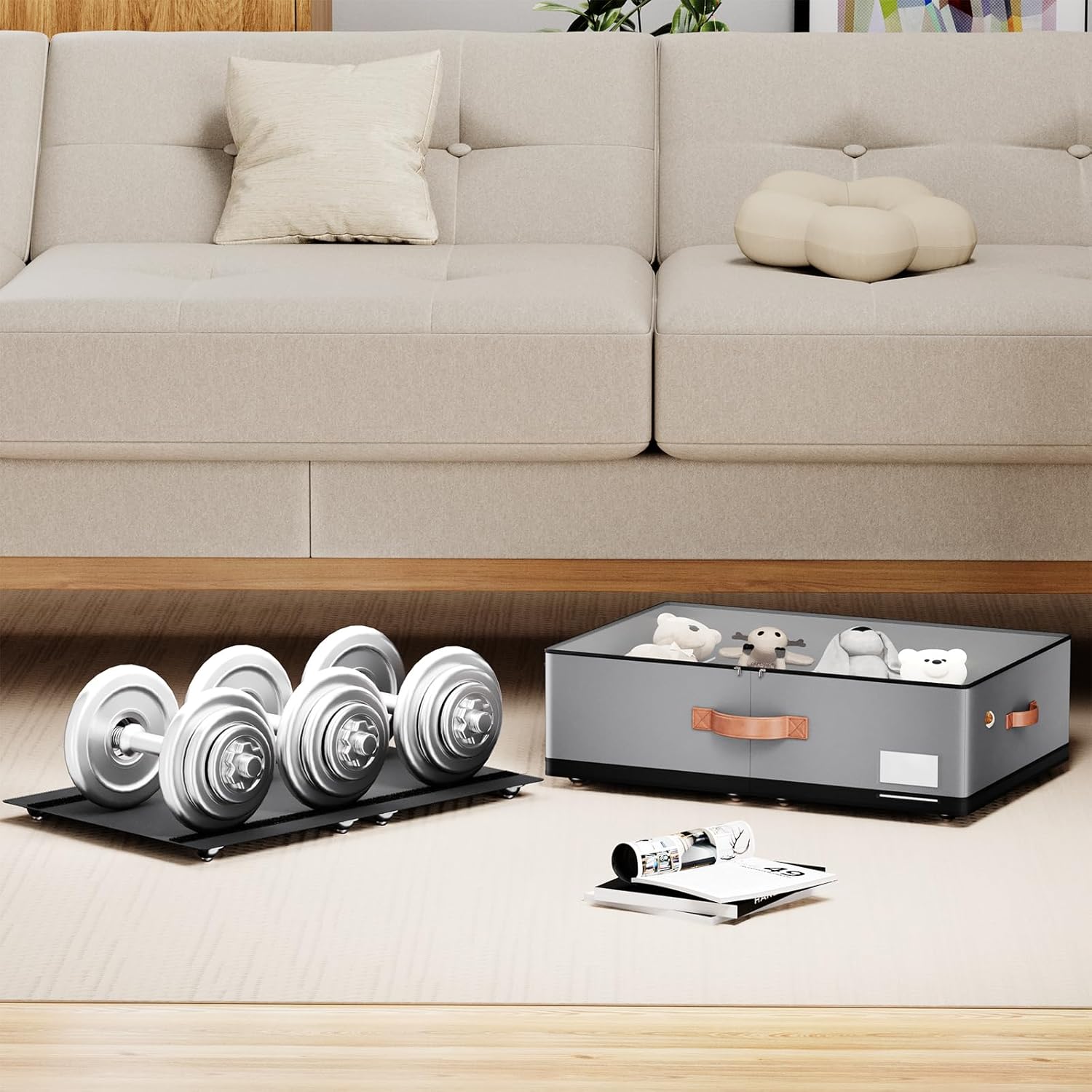 Under bed Storage With Wheels,Large Capacity 7.5 inches Height Storage Bins,Rolling Under bed Shoe
