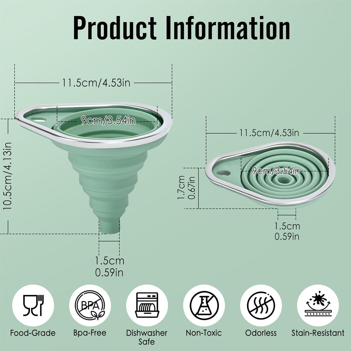New Upgraded Small Silicone Collapsible Funnel Set with Stainless Steel Rim, 2 Pack Kitchen Gadgets
