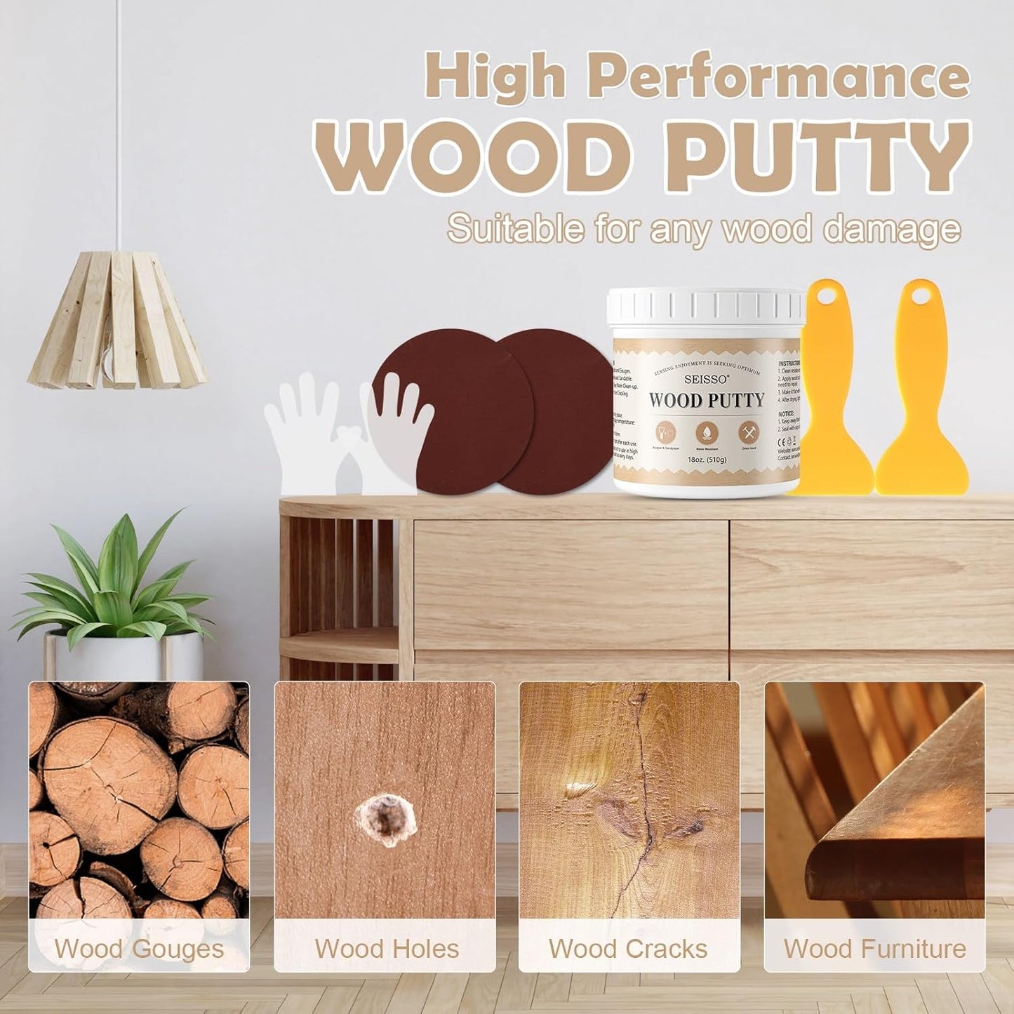 SEISSO Wood Filler & Putty - Waterproof Outdoor Wood Repair Putty, Paintable & Stainable, White