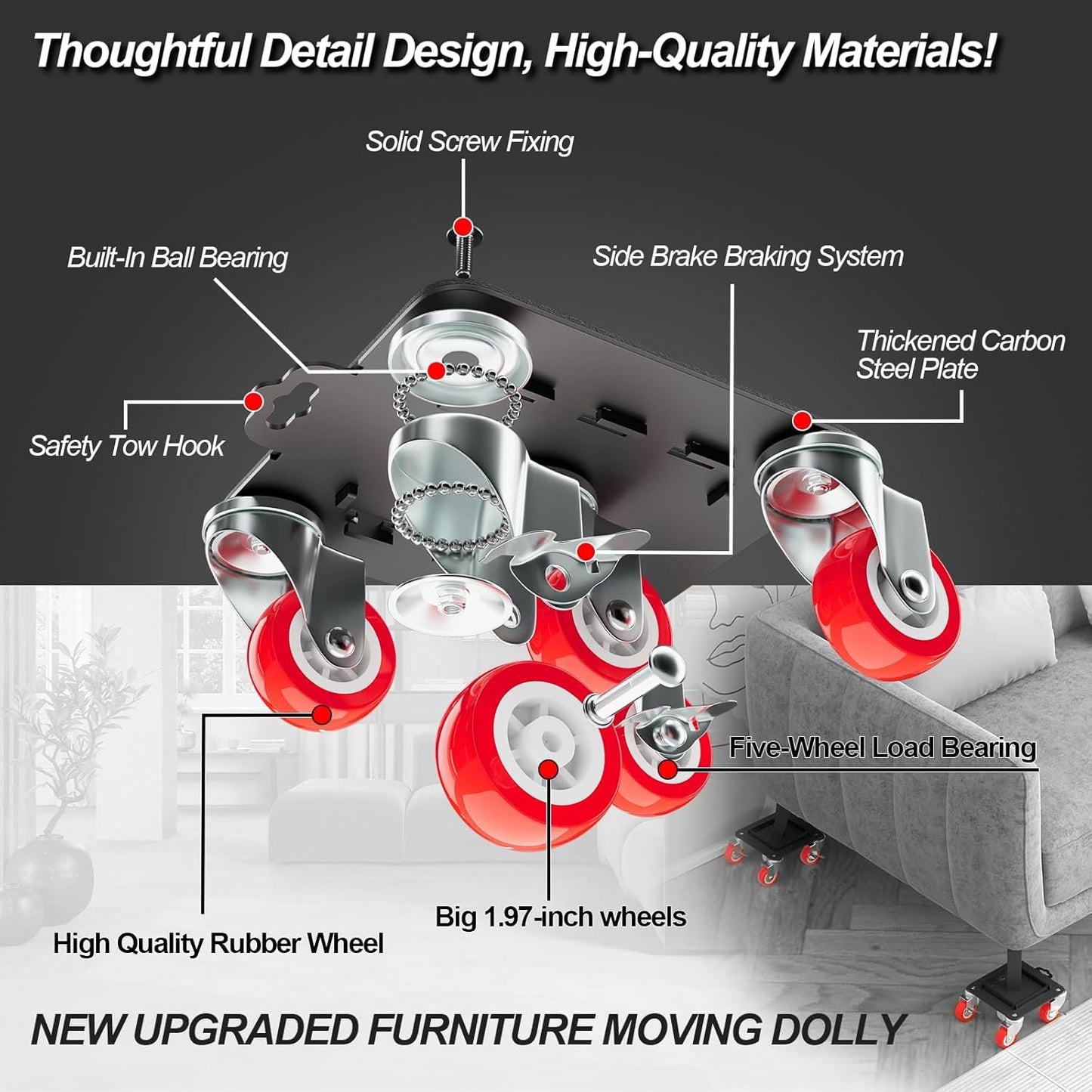 Furniture Dolly 5 Wheels Heavy Duty with Removable Side Guards,3307 Lbs Capacity,360° Rotating