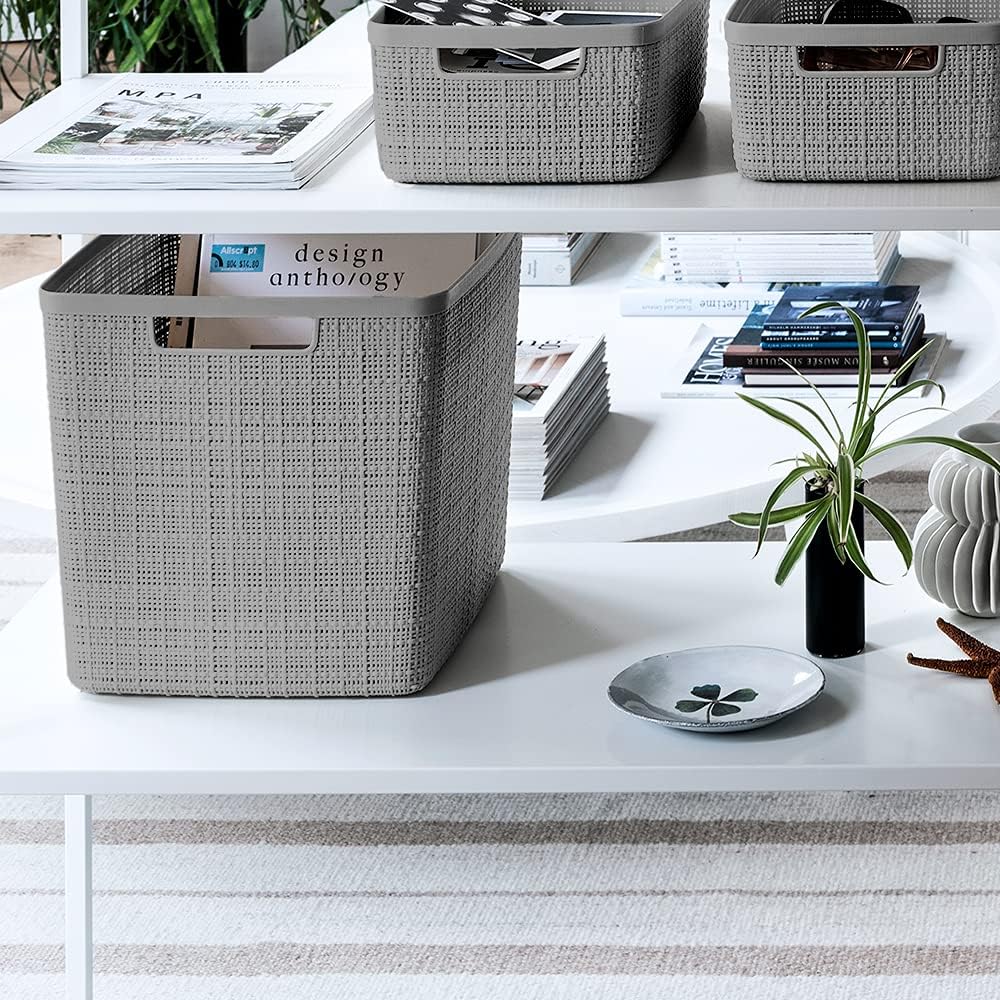 Curver Set of 4 Jute Large Cube Decorative Plastic Organization and Storage Baskets, Perfect Bins
