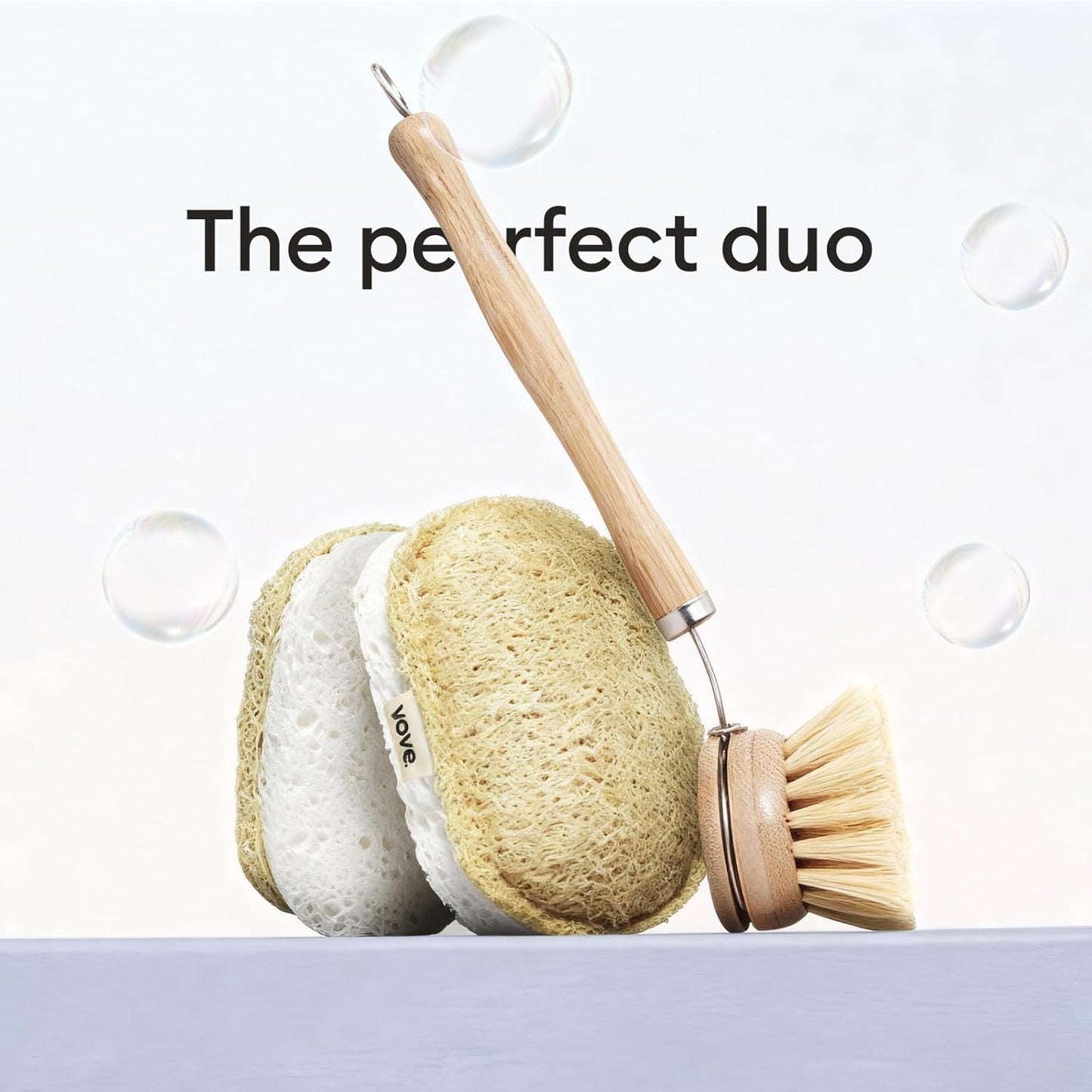 Vove Cleaning Duo, Bamboo Dish Brush Set and Natural Dish Sponges, FSC-Certified Bamboo, Sisal