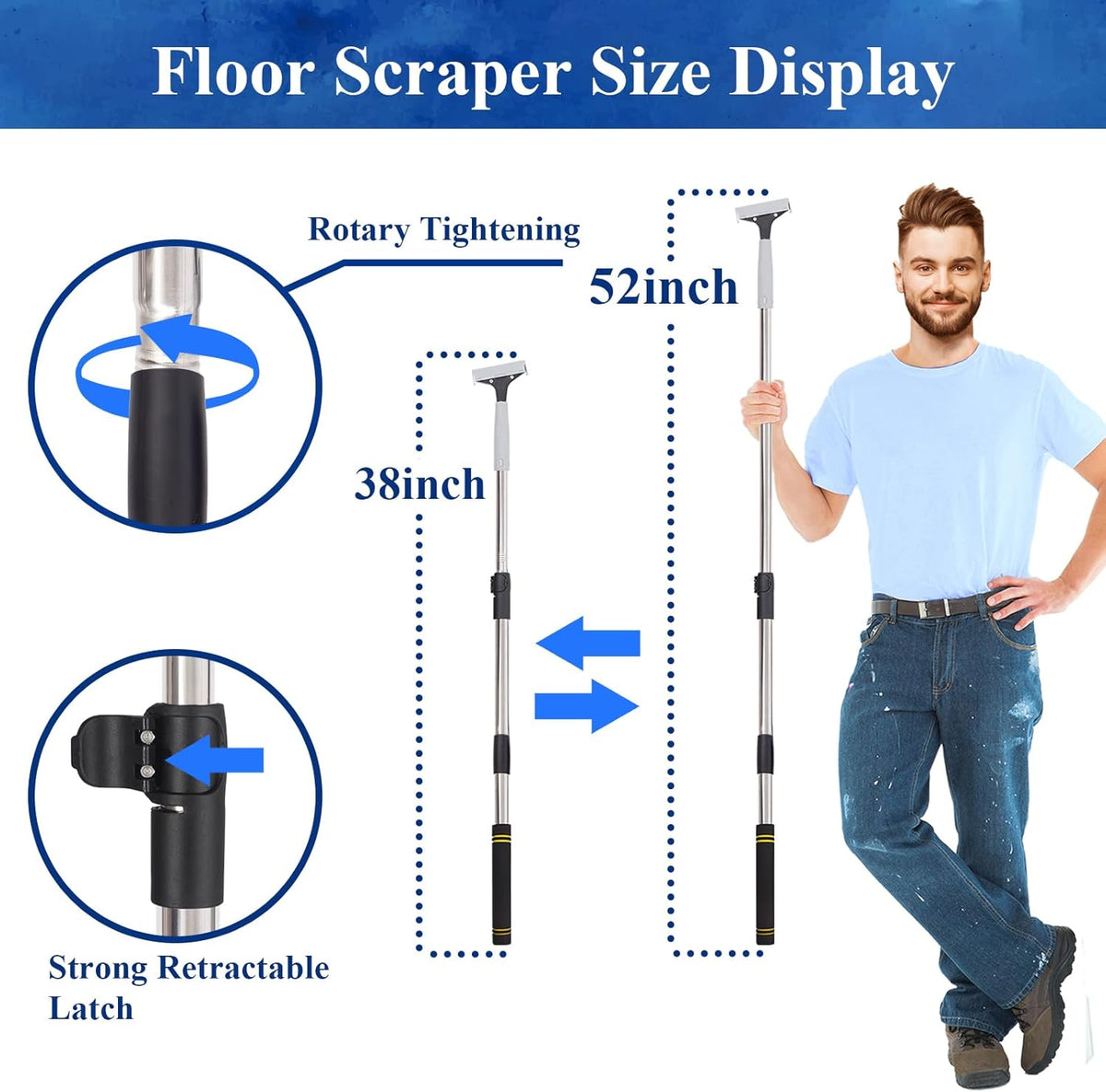 Floor Scraper Telescopic, 38 to 52in 4Inch Razor Blade Floor Scrapers Long Handle Heavy Duty