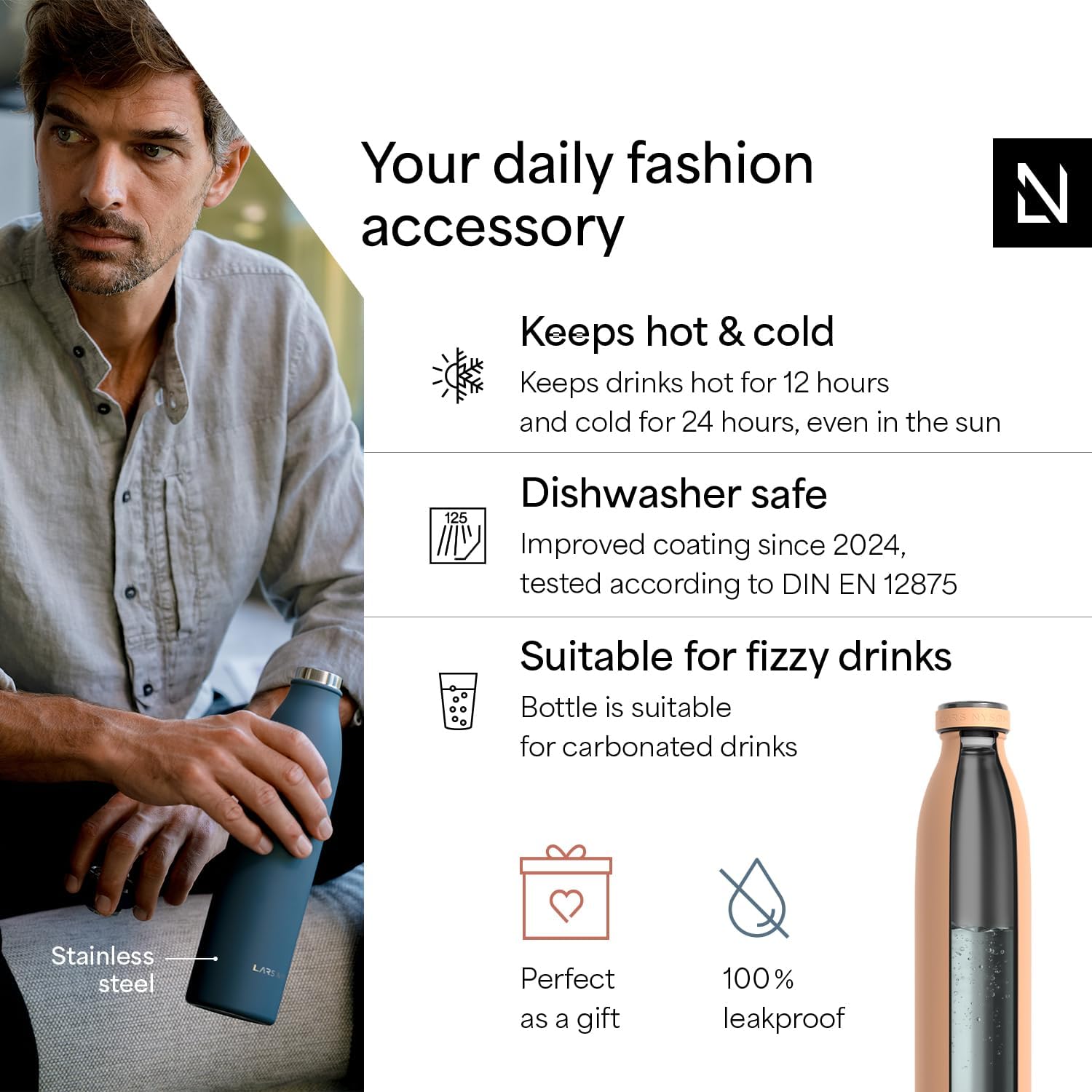 LARS NYSØM Stainless Steel Insulated Water Bottle 12oz 17oz 25oz 34oz 51oz | Insulated Thermo Flask