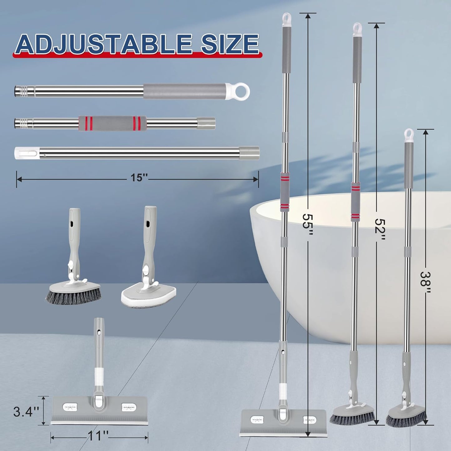 Tile Tub Floor Cleaner Scrubber With Long Handle - 5-in-1 Shower Brush Set for Bathroom, Kitchen