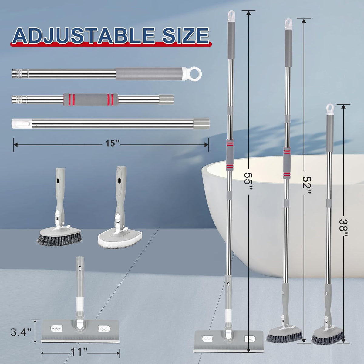 Tile Tub Floor Cleaner Scrubber With Long Handle - 5-in-1 Shower Brush Set for Bathroom, Kitchen