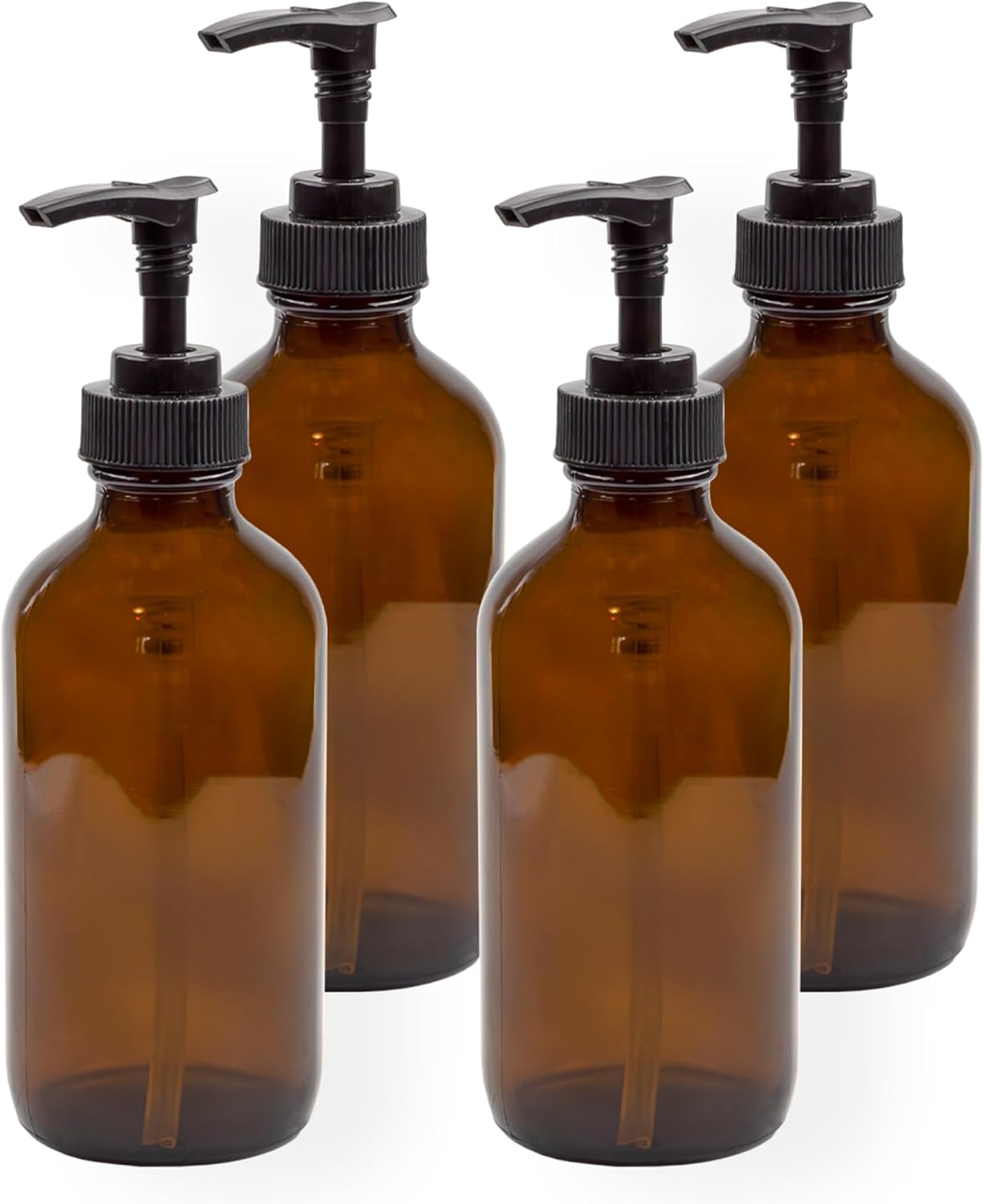 Cornucopia 8oz Glass Pump Bottles (4-Pack, Amber Brown), Lotion Soap Dispensers w/Black Plastic