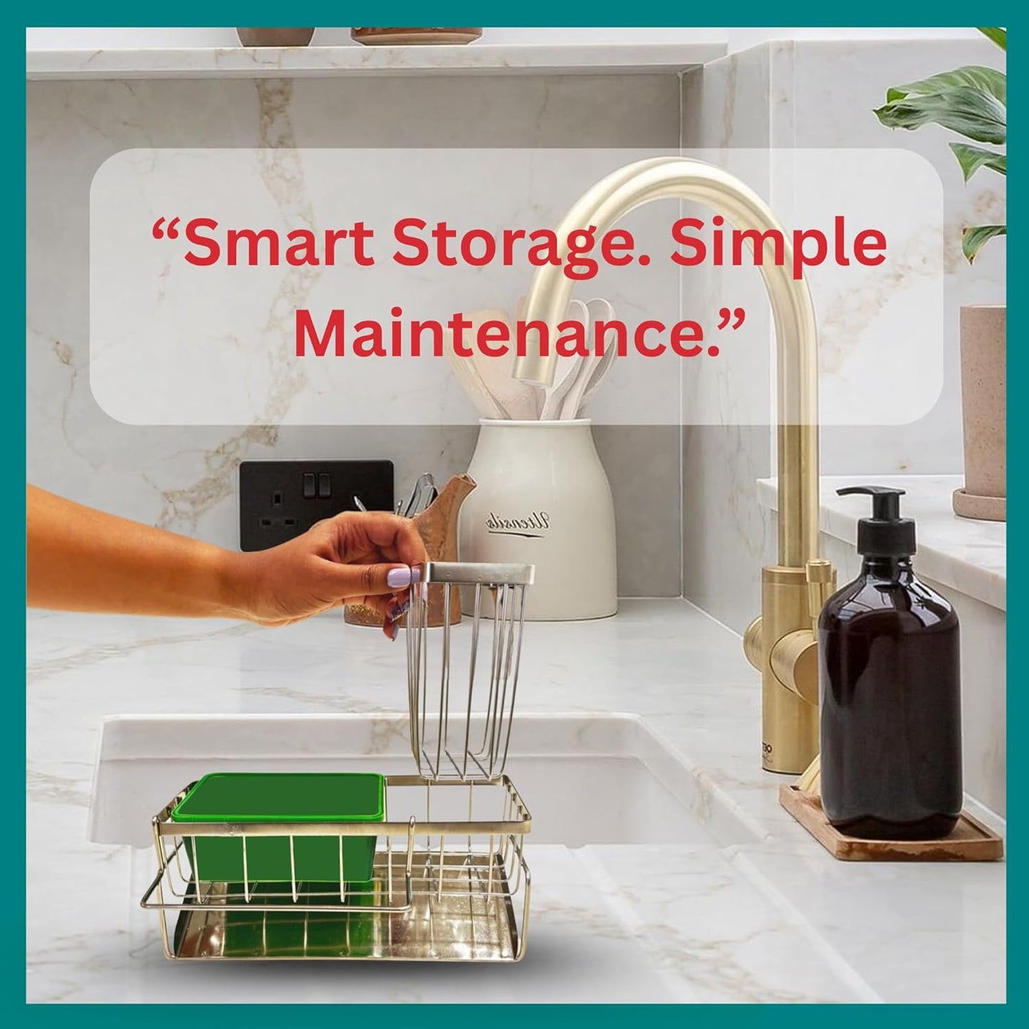 Sponge Holder for Kitchen Sink Self-Draining Sink Caddy with Brush & Dishcloth Holders Stainless