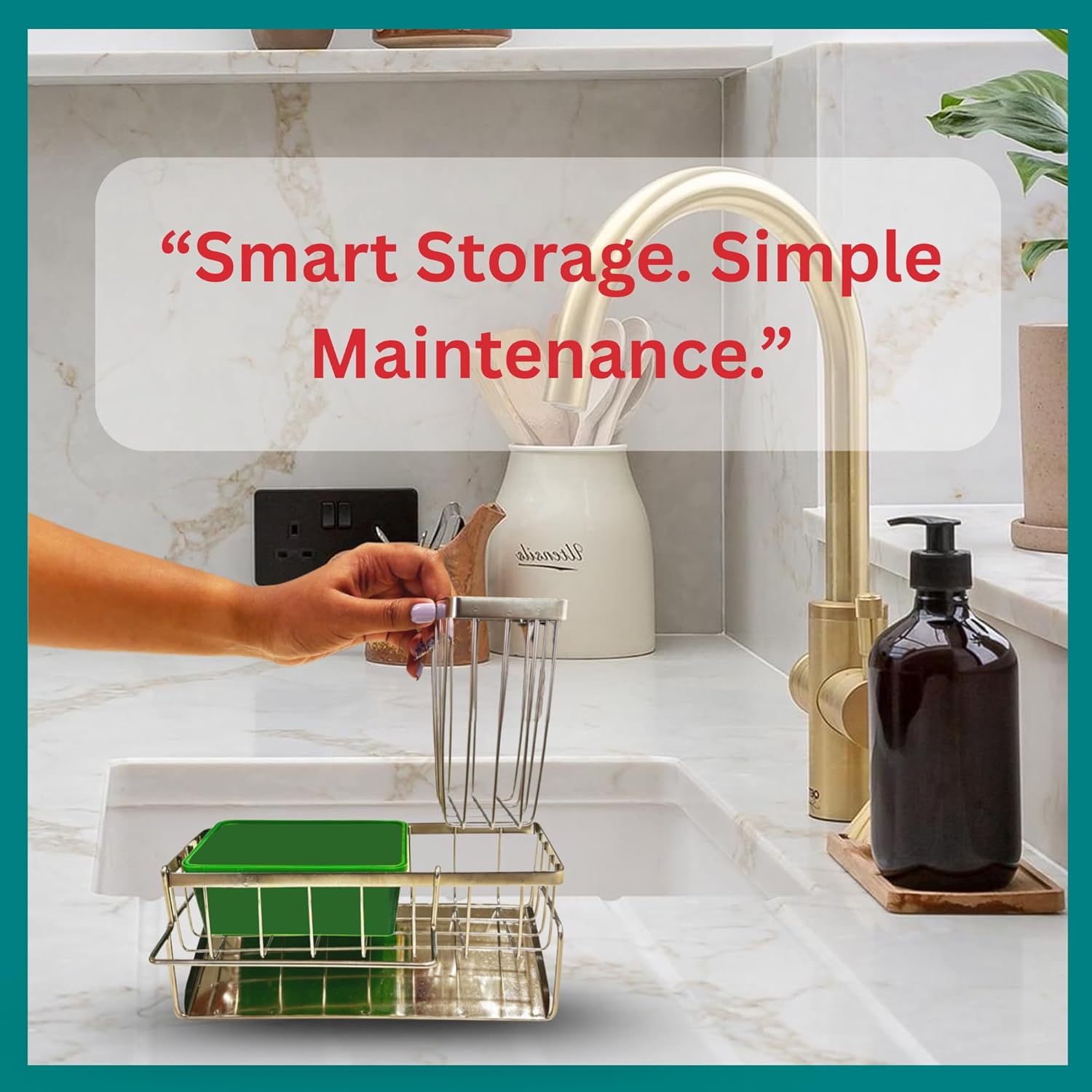 Sponge Holder for Kitchen Sink Self-Draining Sink Caddy with Brush & Dishcloth Holders Stainless