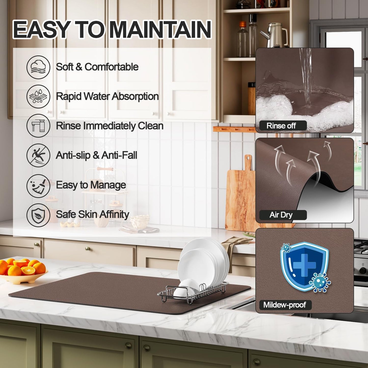 Dish Drying Mat for Kitchen Counter | Coffee Bar Mat for Countertops | Heat Resistant Drainer Mat