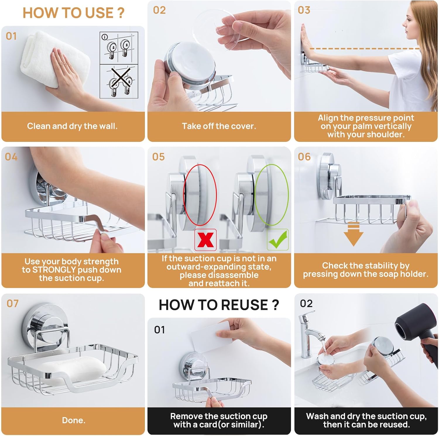 LEVERLOC Soap Dish, Soap Bar Holder for Shower Suction Cup Wall Mounted, Stainless Steel