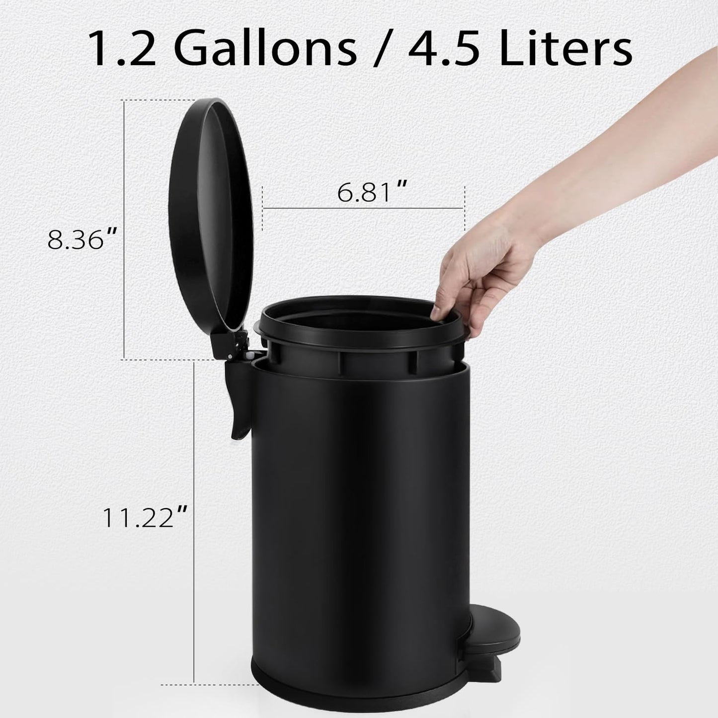 TIPGO 1.2 Gallon Small Black Trash Can, 4.5 Liters Bathroom Garbage Can with lid, Mini Step Trash
