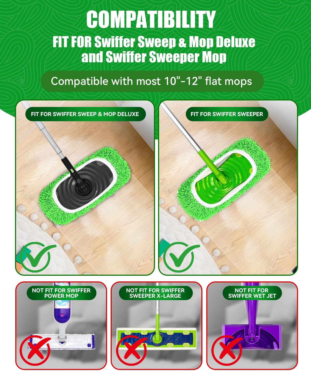 Reusable Microfiber Mop Pads Compatible with Swiffer Sweeper Mop, Wet Pads Refill, Chenille Dry