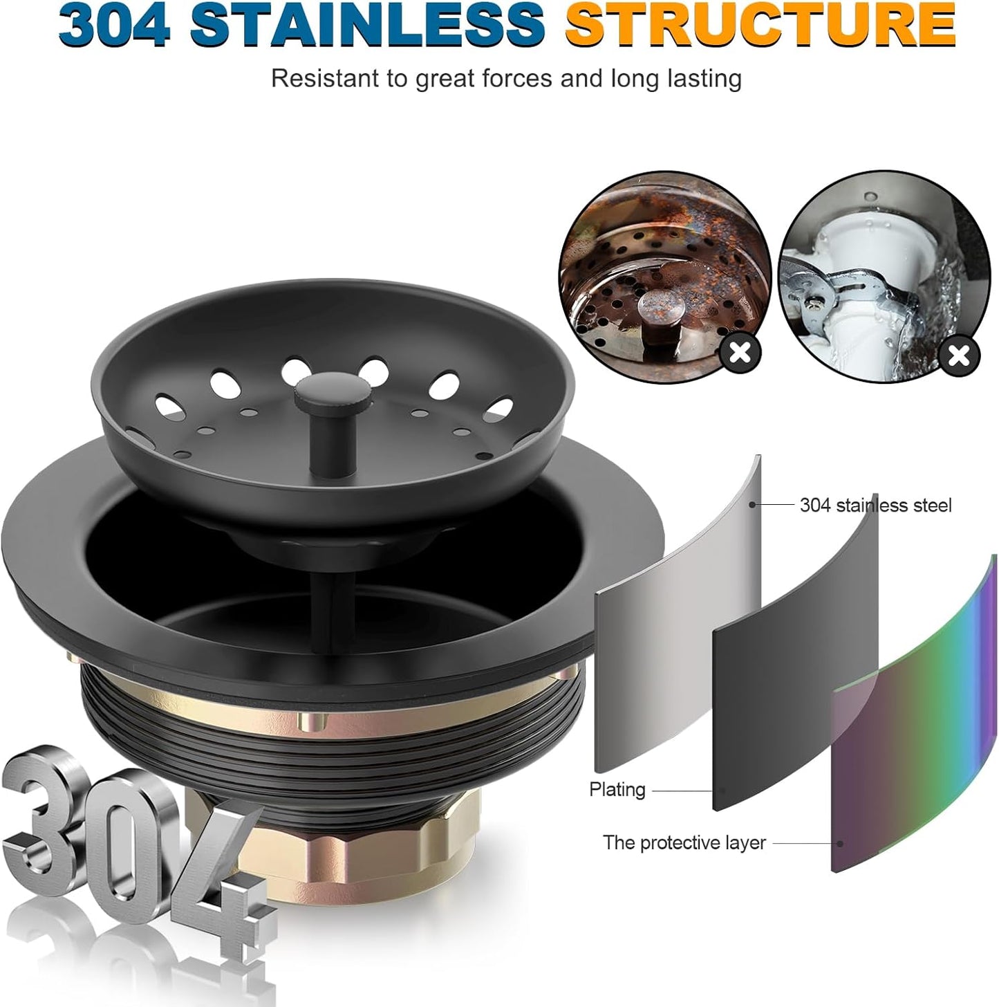 BOTEMY Stainless Steel Black Sink Drain Strainer Kit 3-1/2 inch Kitchen Drain Assembly with Metal