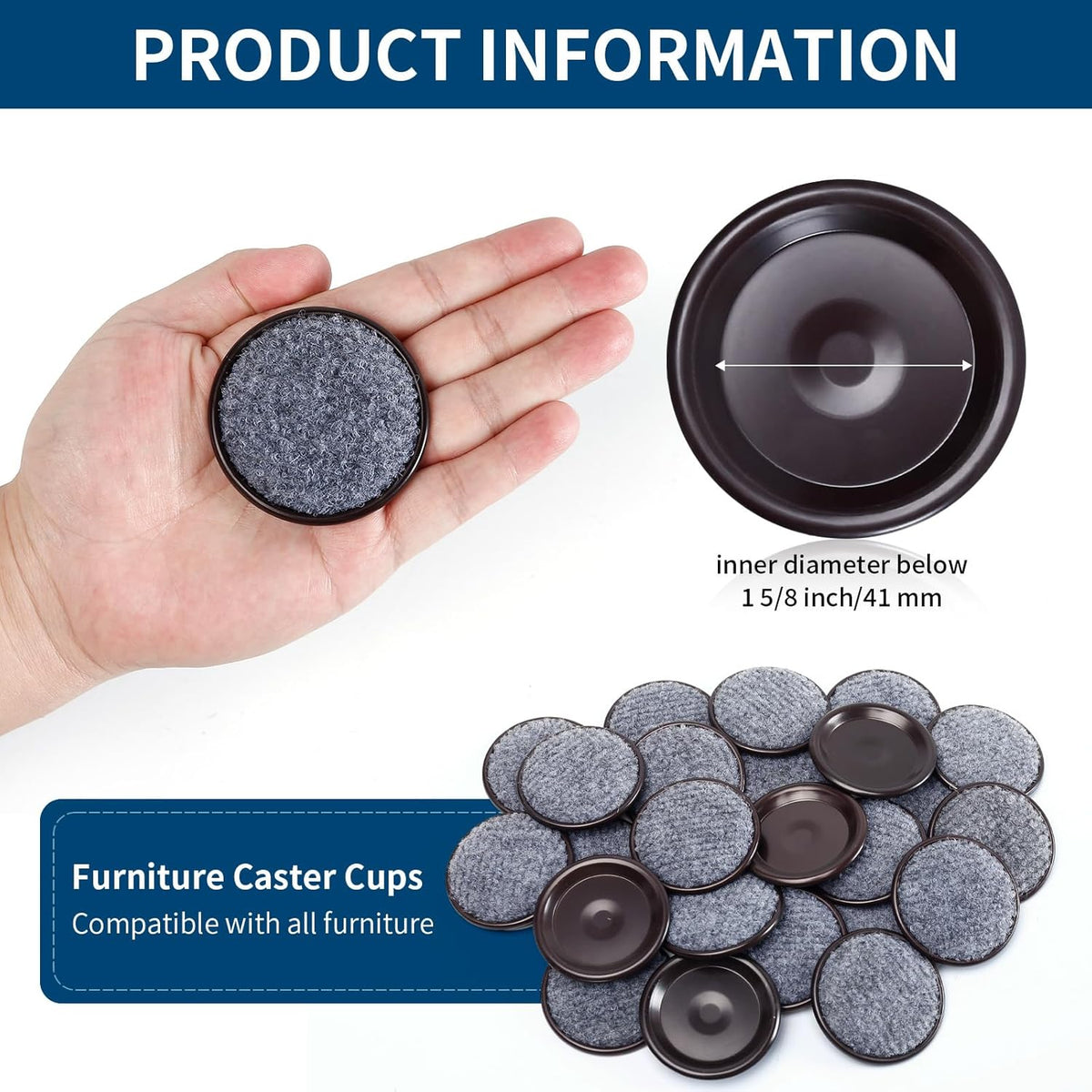 Ezprotekt 1 5/8" Round Reusable Felt Furniture Caster Cups with Carpet Bottom, 16 Pcs Felt