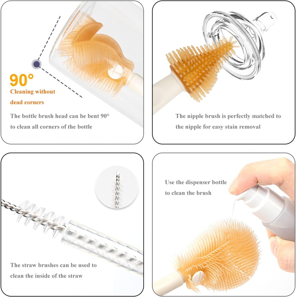 HOEREV Portable Baby Silicone Bottle Brush Set Include Pacifier Brush, Straw Brush, draining Rack