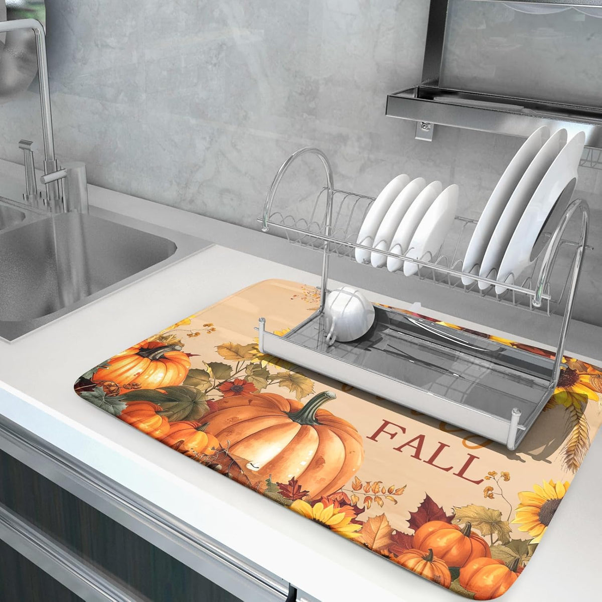 Fall Pumpkin Sunflower Dish Drying Mat 18”x24” Faith Family Fall Drying Mat for Kitchen Counter