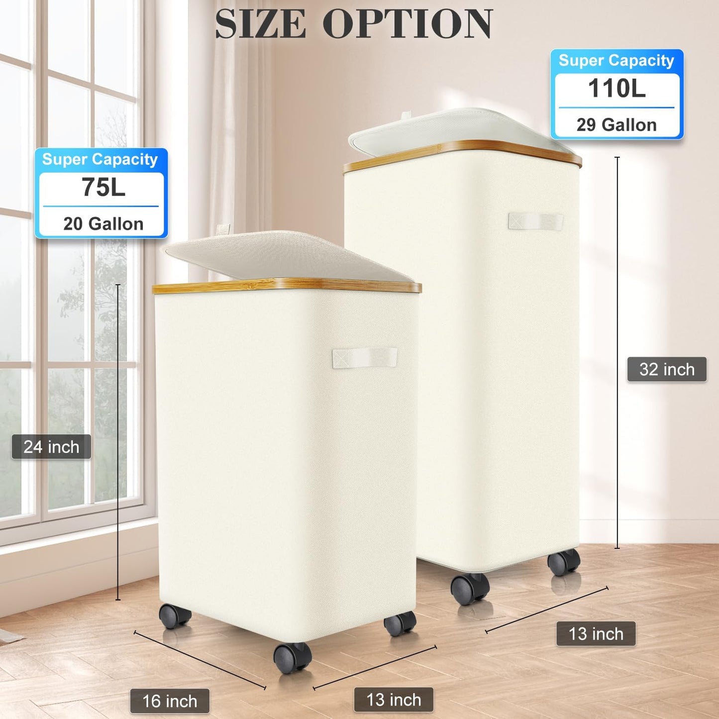 Laundry Hamper with Wheels,29 Gal (110L) Laundry Basket with lid Rolling Clothes Hamper Foldable