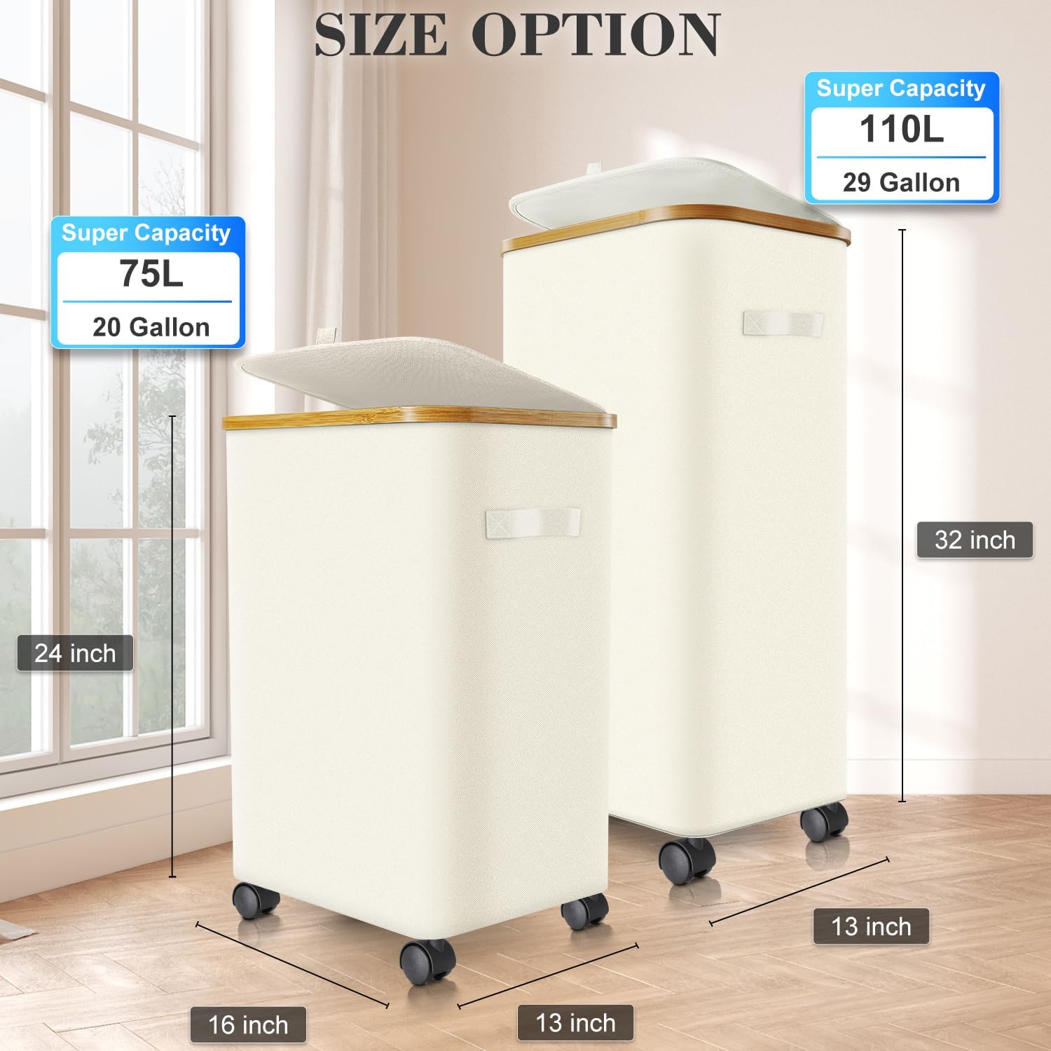 Laundry Hamper with Wheels,29 Gal (110L) Laundry Basket with lid Rolling Clothes Hamper Foldable