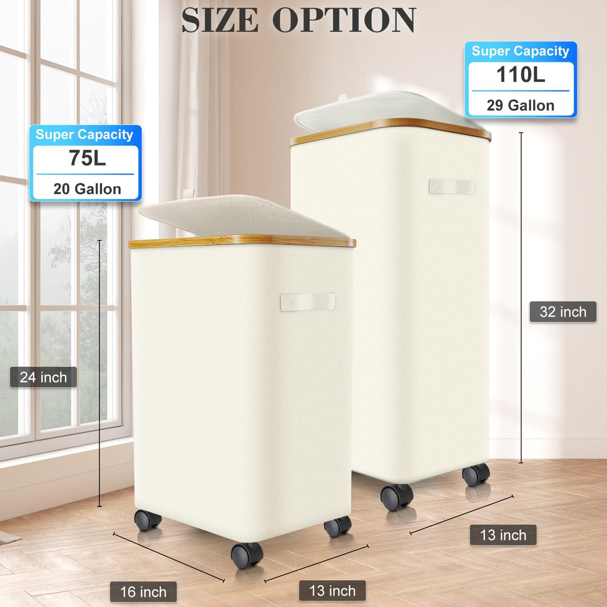 Laundry Hamper with Wheels,20 Gal (75L) Laundry Basket with lid Rolling Clothes Hamper Foldable