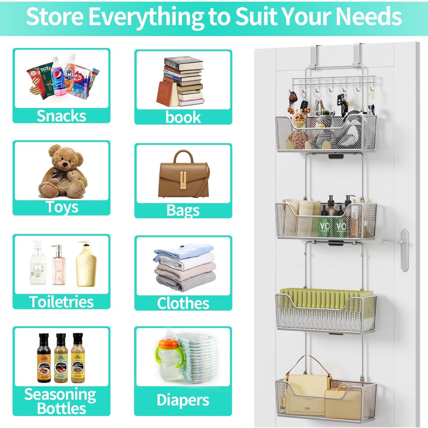 HapiRm Over The Door Organizer - Hanging Door Organizer with 4 Metal Large Capacity Baskets and