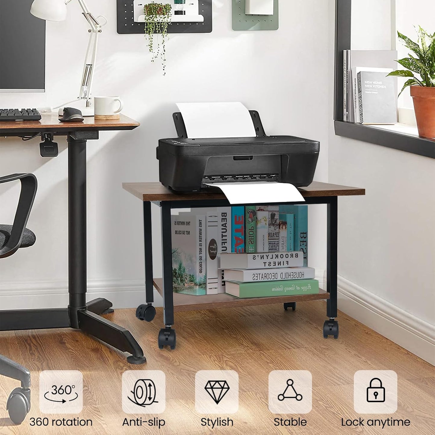 Printer Stand with Storage Under Desk Shelf, Desktop Printer Stand Organizer, Rolling Printer Cart