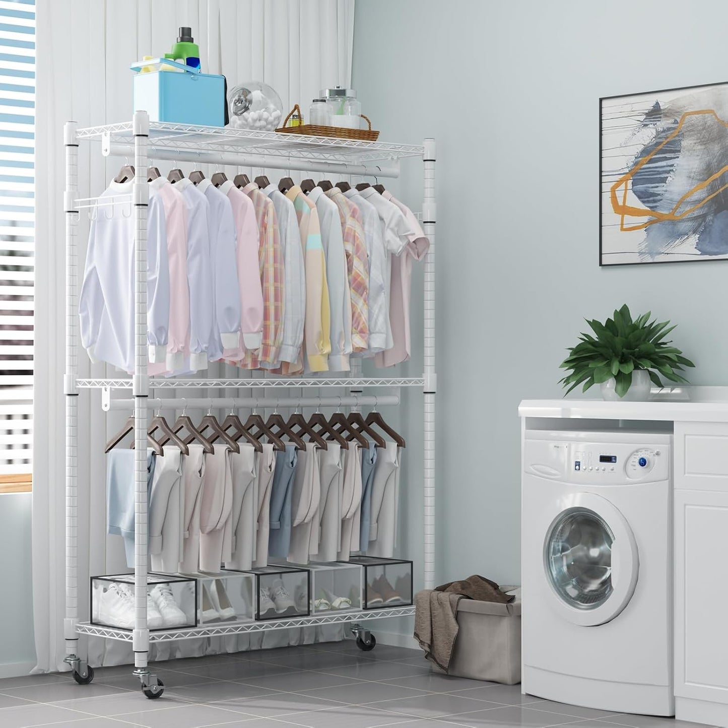 Homdox 3 Tier Heavy Duty Garment Rack with Wheels, Adjustable Wire Clothes Rack with Double Hanging