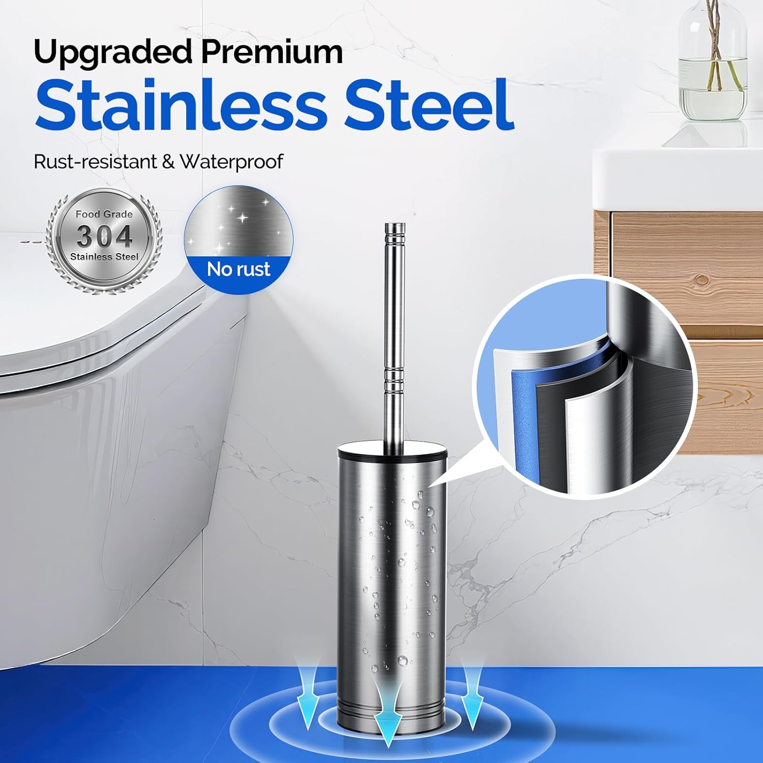 Hamitor Toilet Brush and Holder Set: 304 Stainless Steel Rustproof Toilet Scrubber with Under Rim