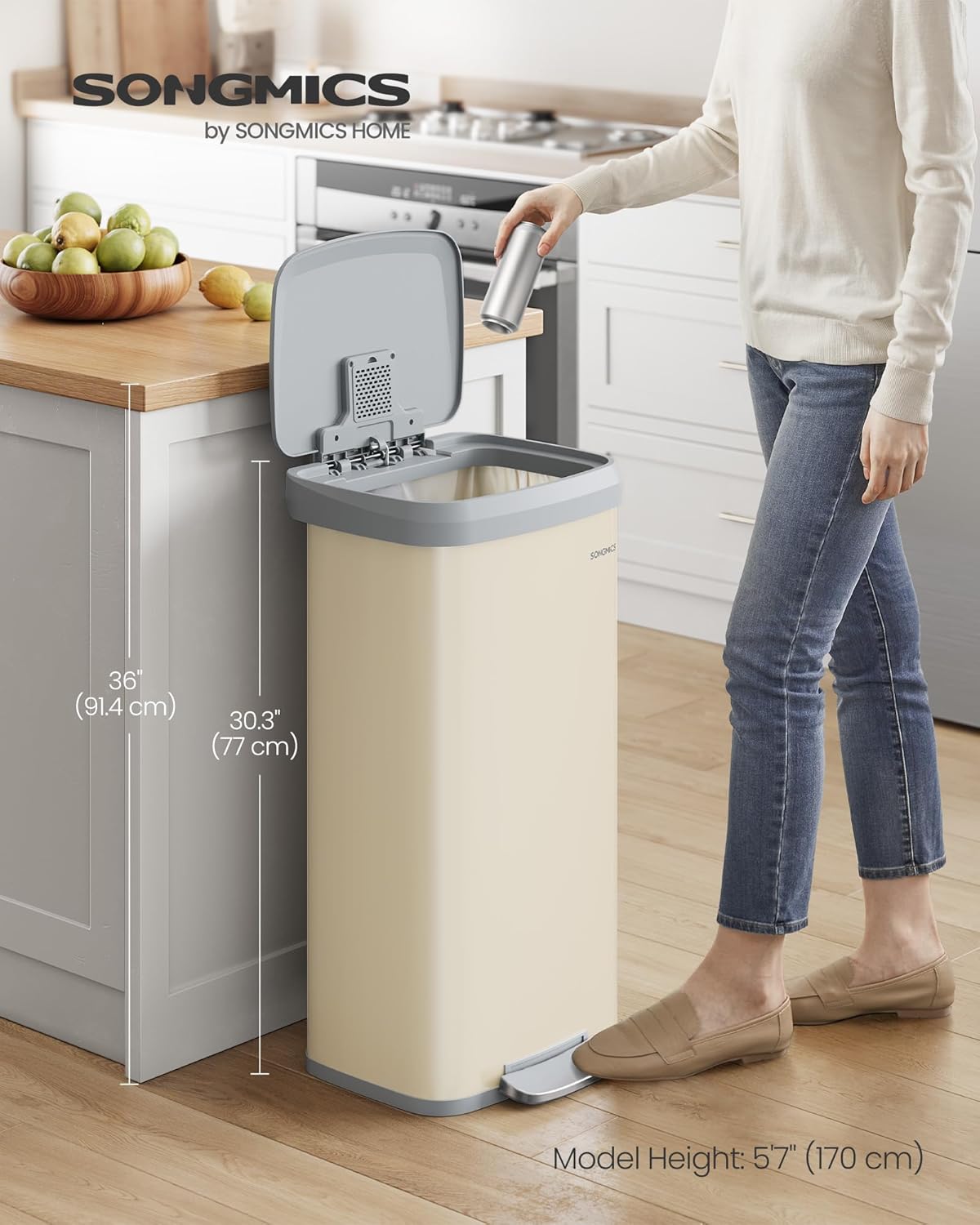 SONGMICS Kitchen Trash Can, 18-Gallon Stainless Steel Garbage Can, with Stay-Open Lid and Step-on