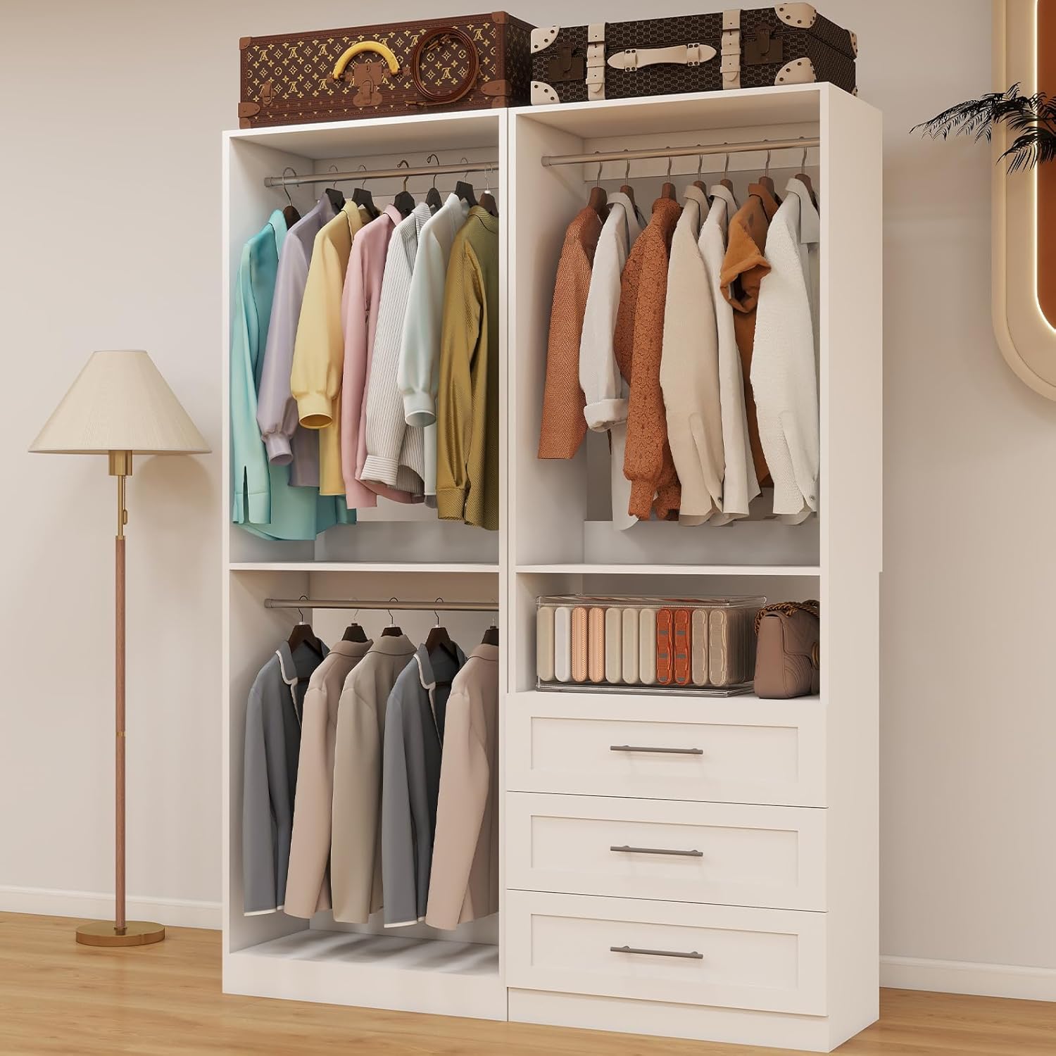 Closet System with 2 Sets, 4FT Closet Organizer Systems with 3 Wooden Drawers & 5 Hanging Rods
