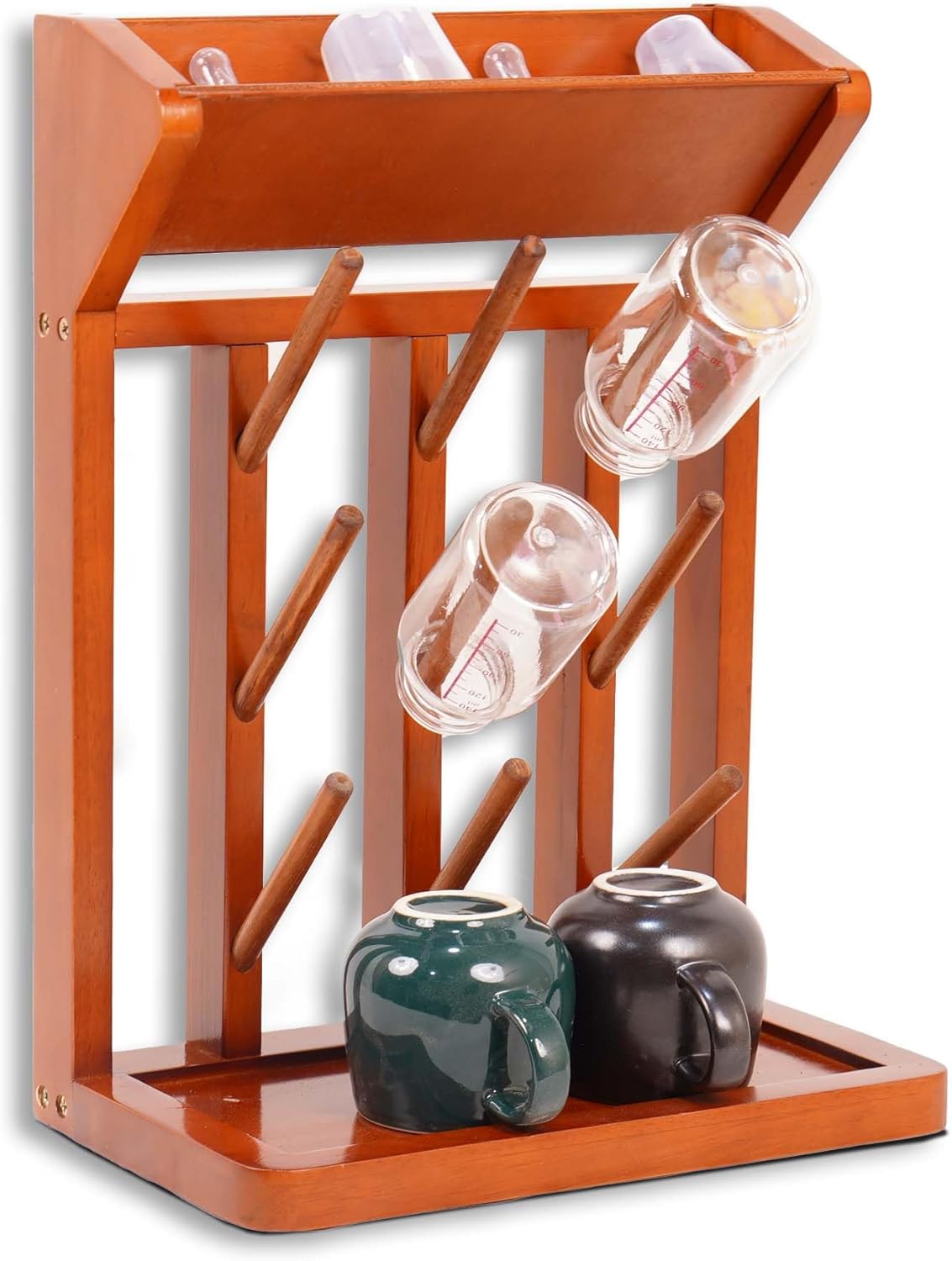 Brown Vertical Bottle Drying Rack Rubber Wood 9 Hooks, Use for Bottles, Cups, Mugs, Glasswine