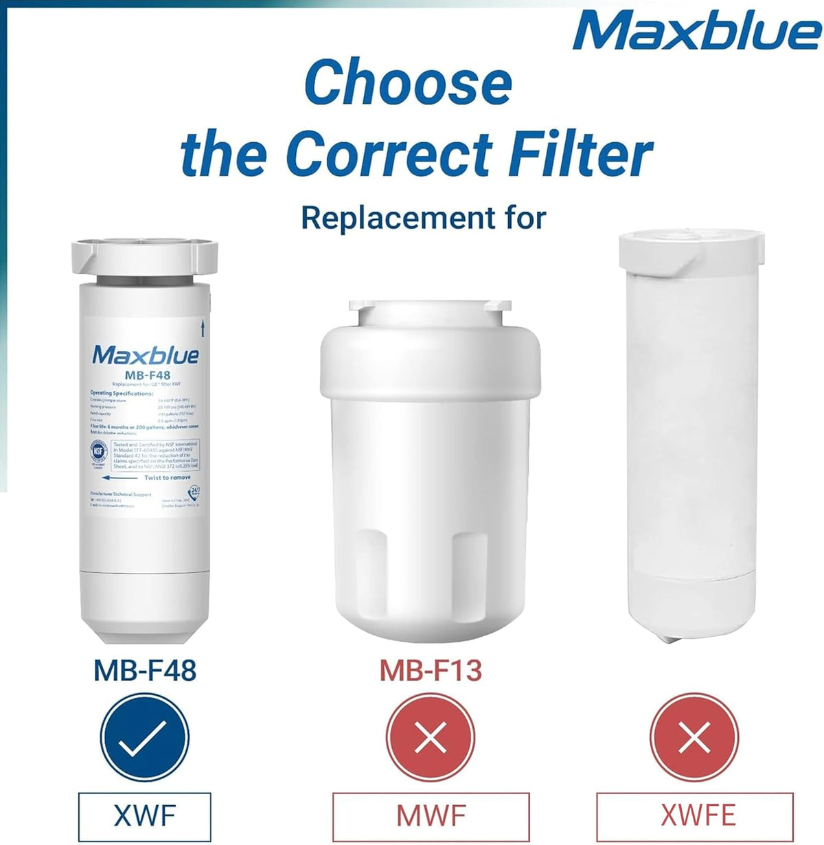 Maxblue XWF Replacement for GE® XWF, WR17X30702, NSF Certified Refrigerator Water Filter, 3 Filters