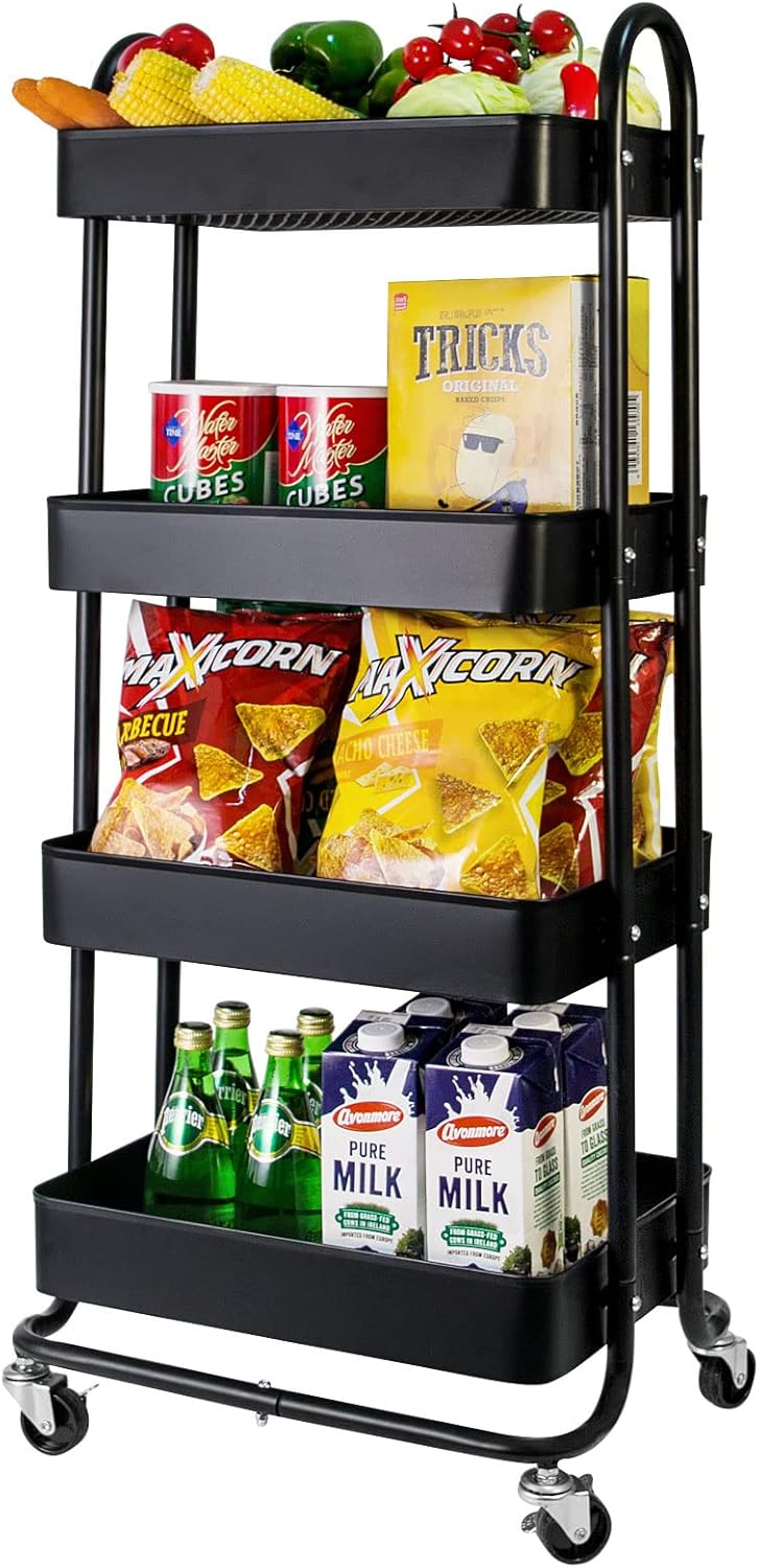 elabo 4-Tier Metal Mesh Utility Rolling Cart, Storage Organizer Trolley Services Cart with Lockable