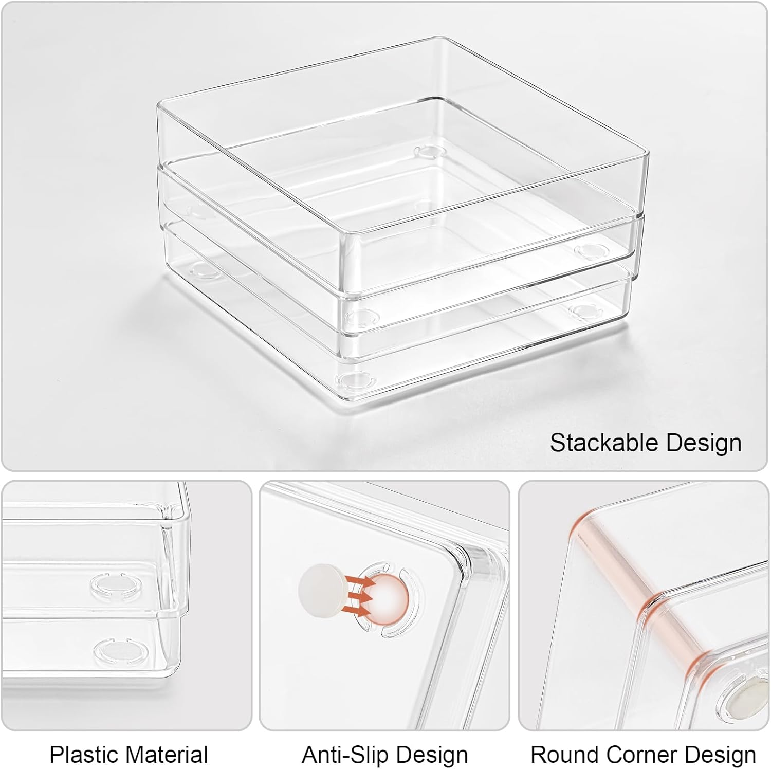 SMARTAKE 6 PCS Clear Plastic Drawer Organizers Set, Large Size Non-Slip Desk Drawer Organizer