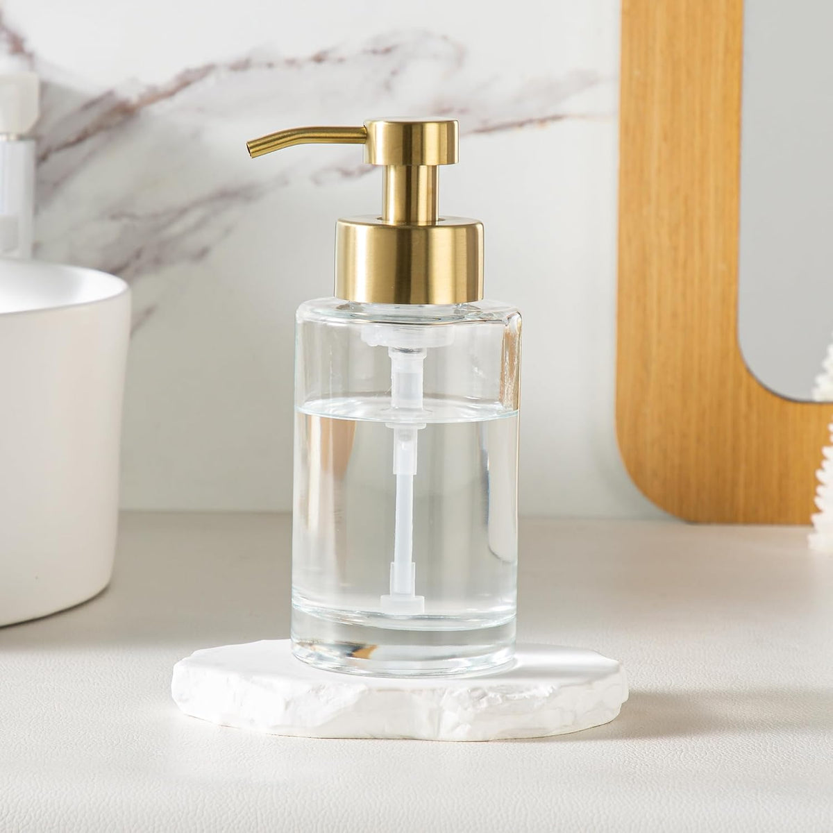 Enra Foam Soap Dispenser,12oz Thick Glass Bathroom Soap Dispenser with Stainless Steel Gold Pump