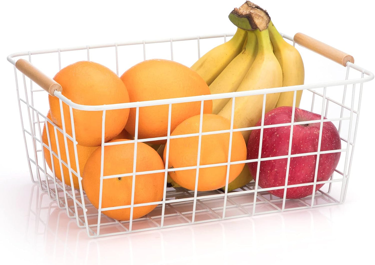 Metal Wire Food Storage Basket Organizer with Wooden Handles for Organizing Kitchen Cabinets, 2