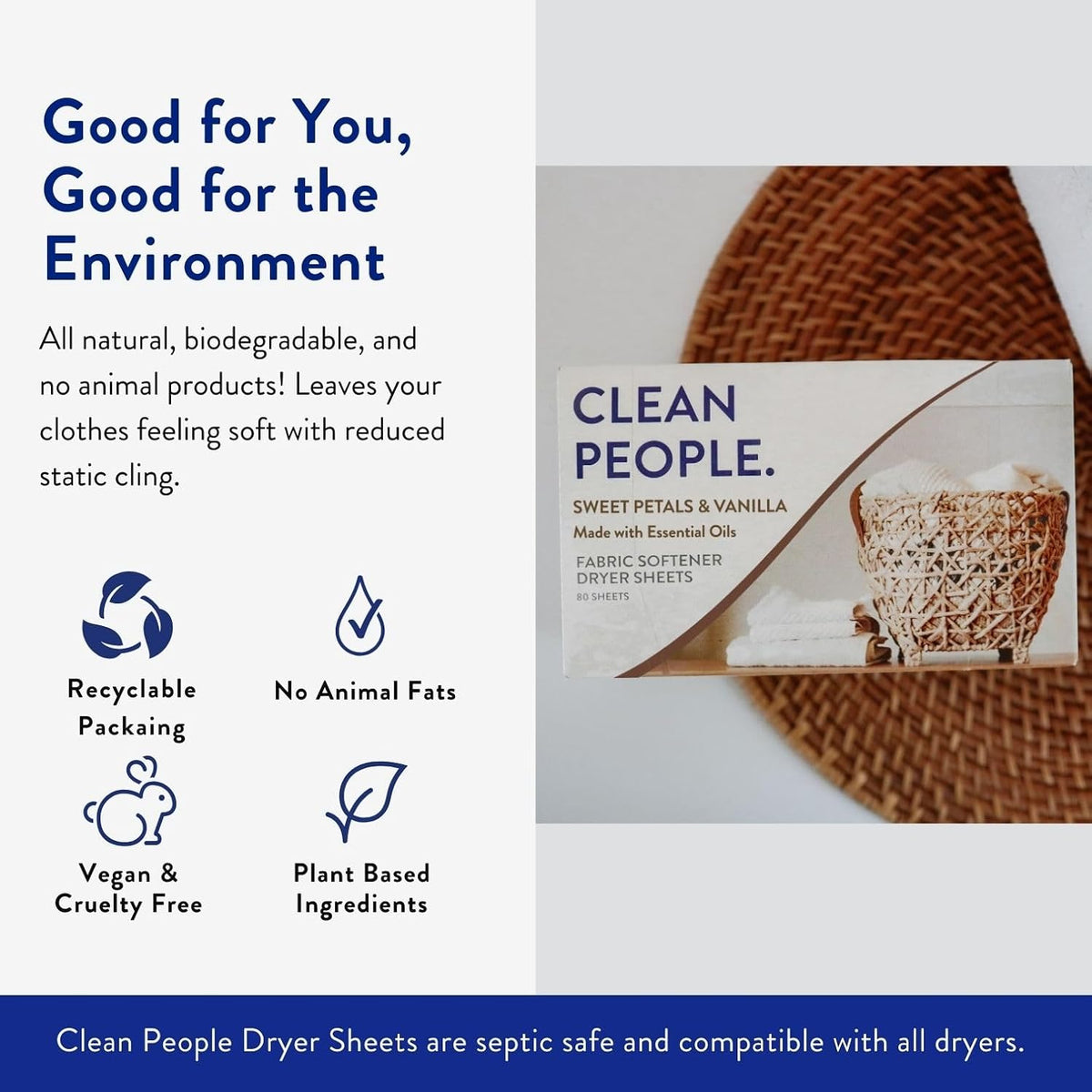 The Clean People Fabric Softener Sheets - Dryer Sheets - Softens & Removes Static Cling - Vegan