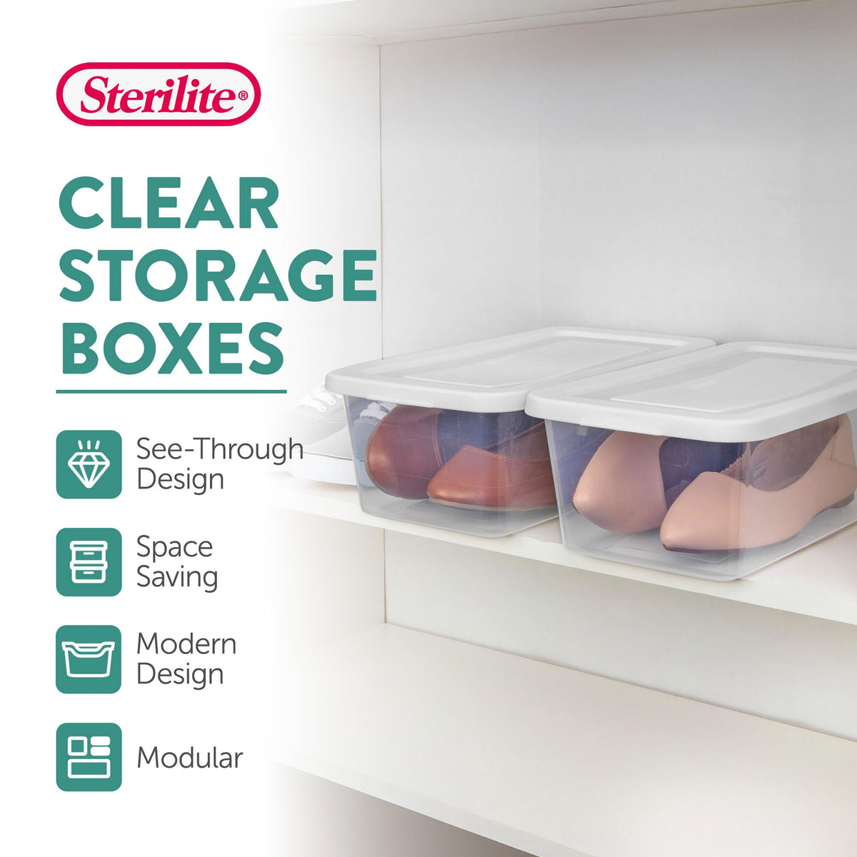 Sterilite 6 Quart Storage Box, Clear Plastic with White Snap Lid, 12 Pack