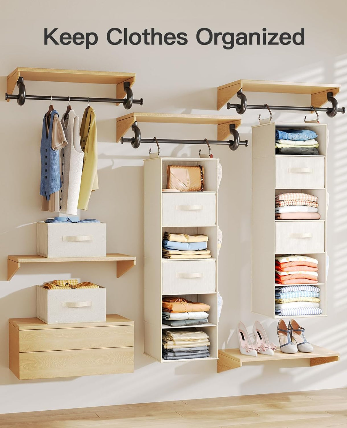 Pipishell Hanging Closet Organizer 6-Shelf, Hanging Shelves for Closet with 3 Removable Drawers &
