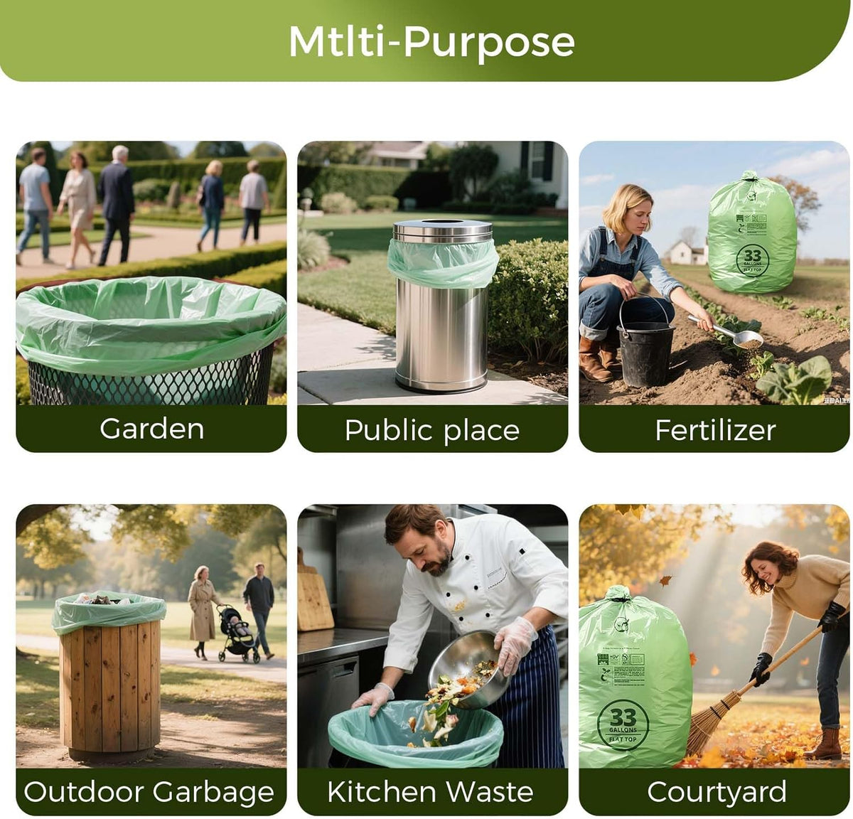 30-33 Gallon Compostable Trash Bags with Flat-Top, Heavy Duty Extra Thick 1.57 Mil, 124.92 Liter