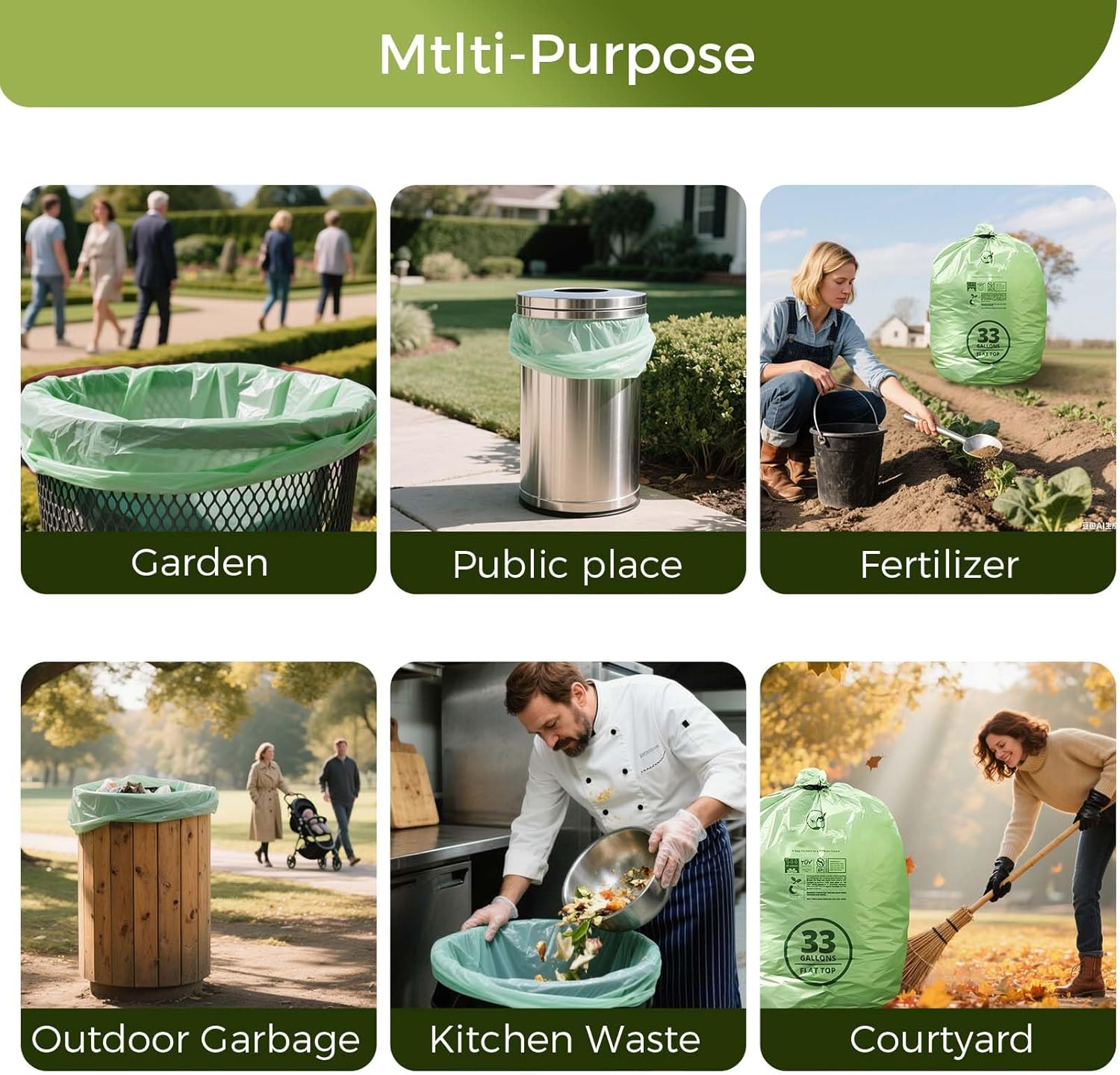 30-33 Gallon Compostable Trash Bags with Flat-Top, Heavy Duty Extra Thick 1.57 Mil, 124.92 Liter