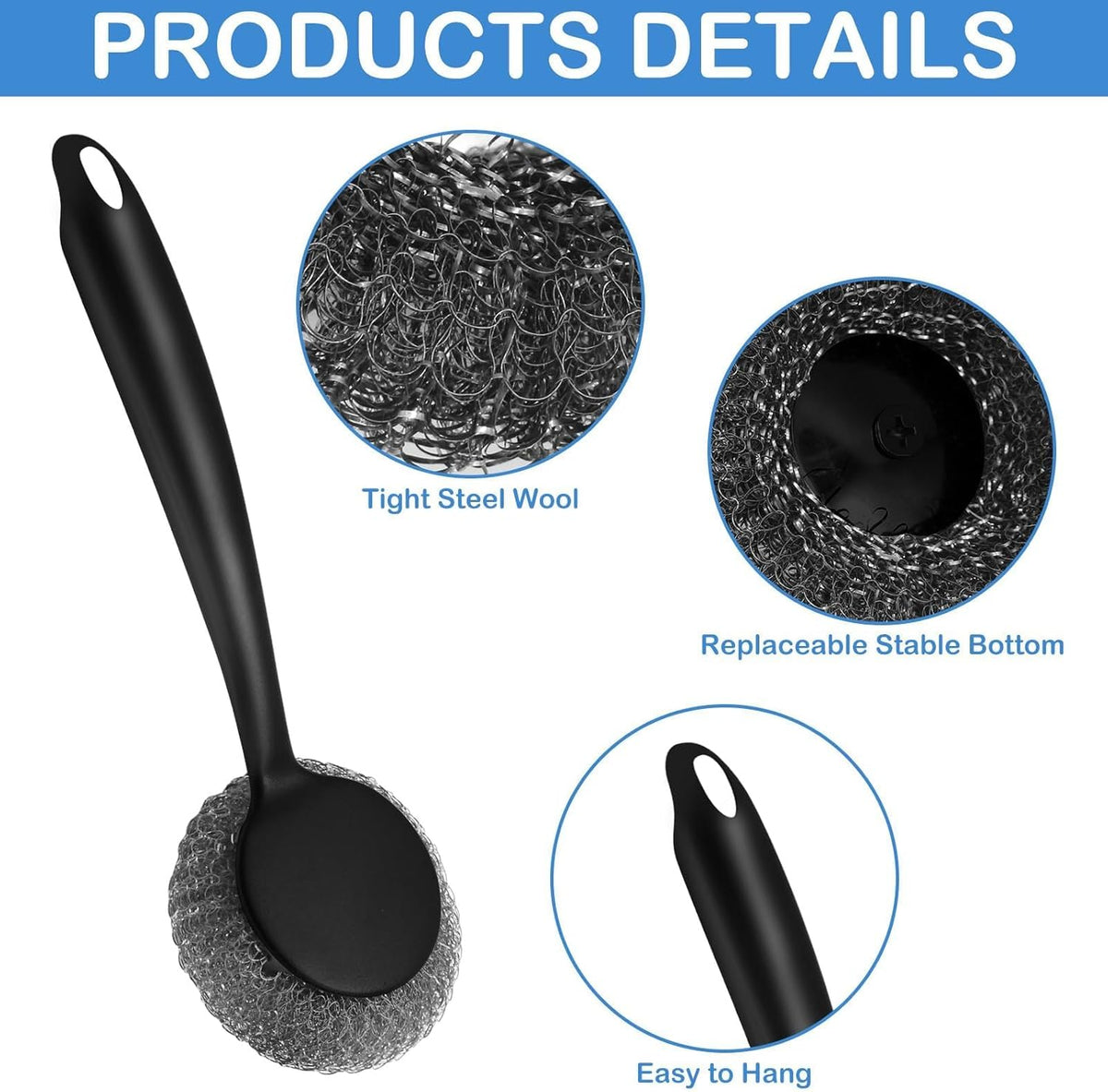 Scrubber with Handle Comes with Three Replacement Balls Steel Wool, Short Handle Scrubber, Steel